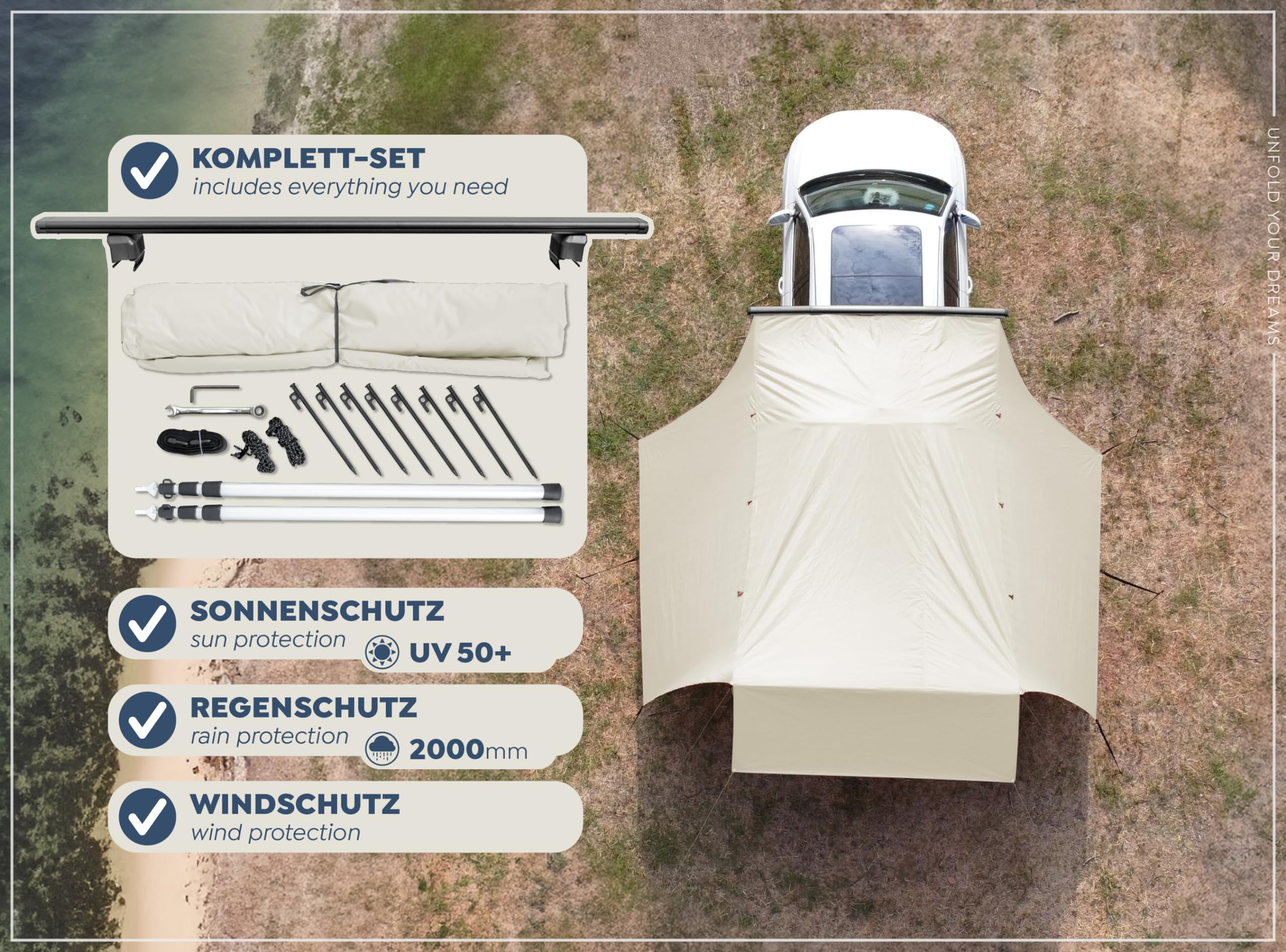 CampAir Auto Vorzelt Markise mit UV50+, Sonnensegel mit Keder für SUV, PKW, Vans und Campingbusse, 2000mm WS, inkl. Teleskopstangen und Dachträger, schwarz, 6kg | UV50+, 2000 mm Wassersäule, 300D Oxford-Polyester, Höhenverstellbar 94-237 cm, inkl. Abspann