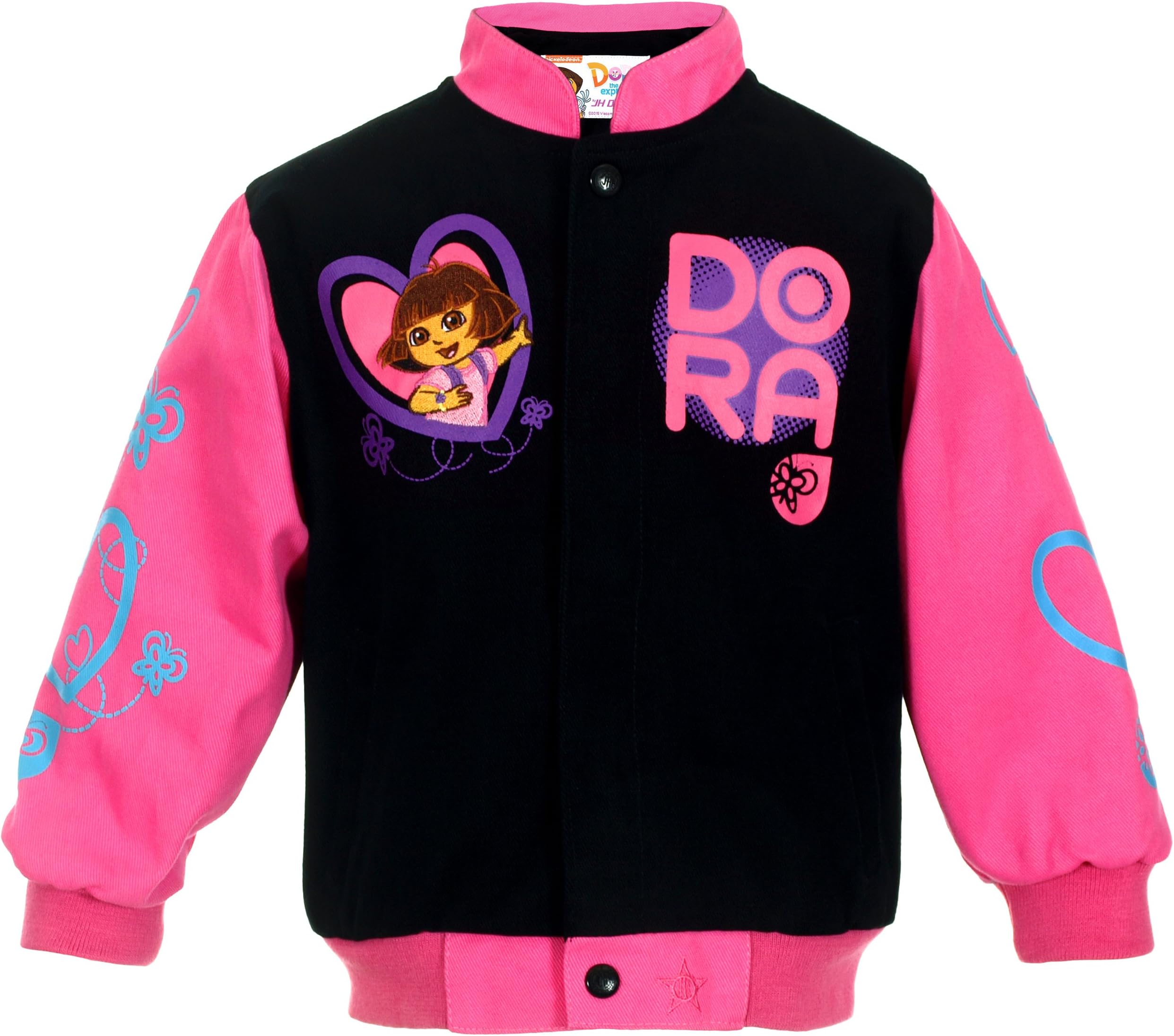 J.H. Design Girl's Dora Born to Explore Snap Up Jacket Black and Pink Jacket for Toddlers