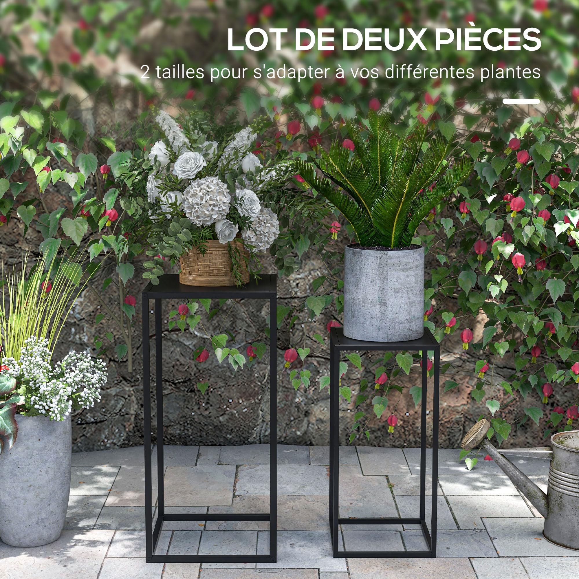 Outsunny Lot de 2 supports pot de fleurs supports pour plantes encastrables structure en acier 2 hauteurs différentes 58,5 et 65 cm design scandinave noir