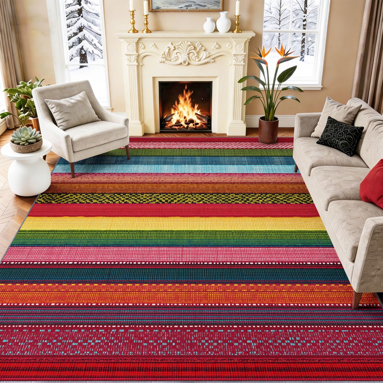 Tapis de zone 60x110 cm lavable et antidérapant à motifs géométriques rétro pour chambre