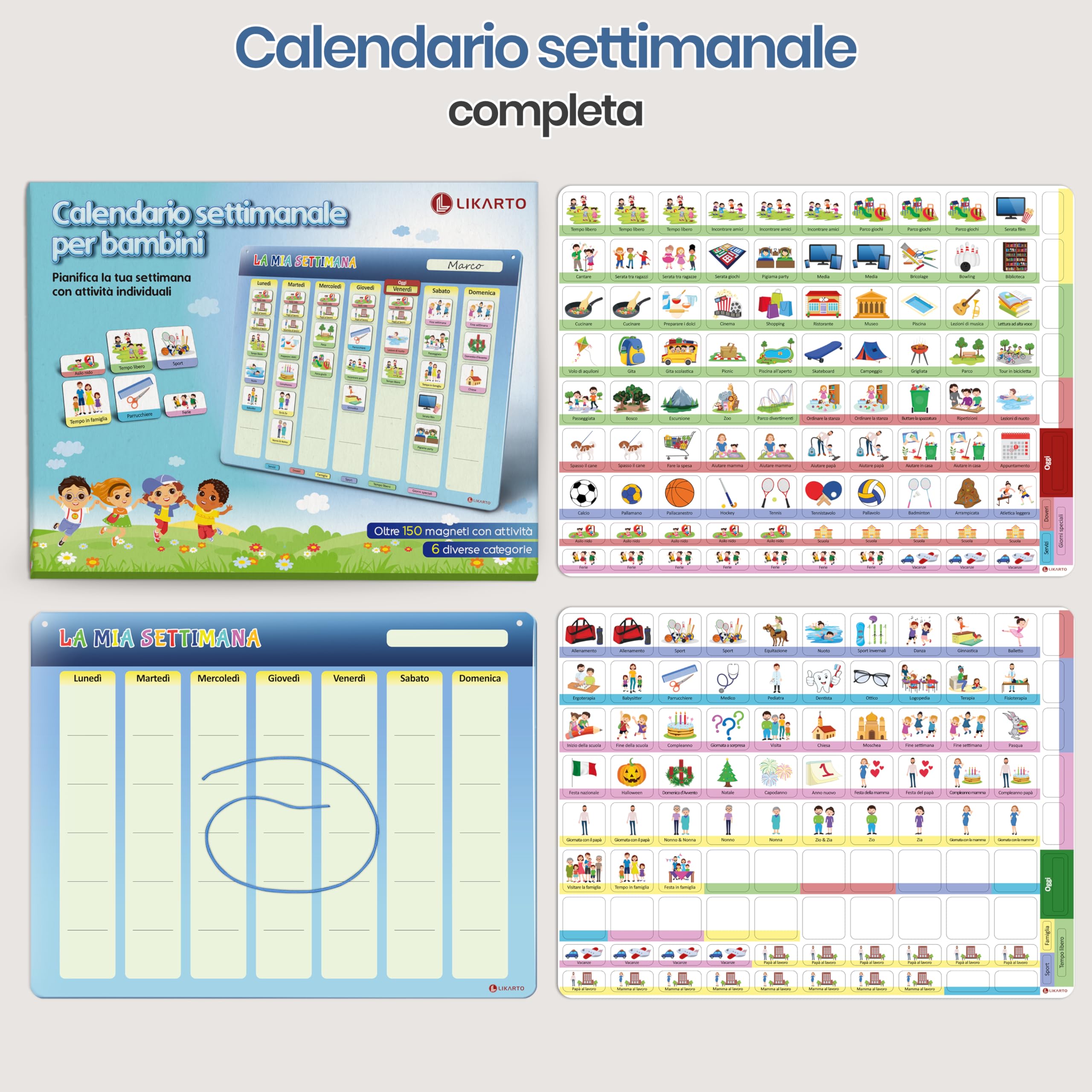 LIKARTO Calendario settimanale per bambini - Lavagna magnetica da parete Montessori con 198 magneti e cordoncino - completamente scrivibile e cancellabile - Promuovere l'indipendenza