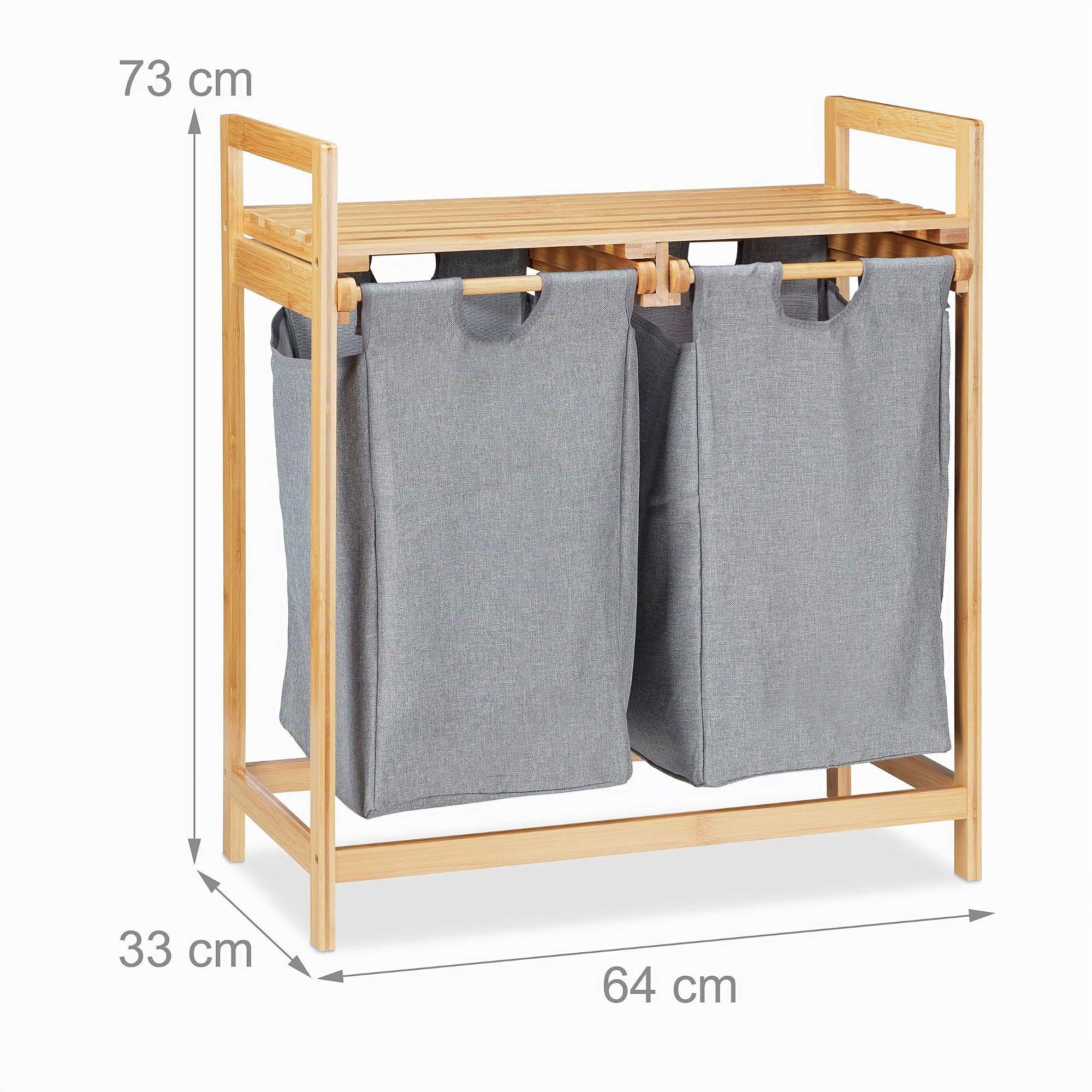 Relaxdays Portabiancheria Doppio con Ripiano, 2 Sacchi Raccogli Biancheria da 30 L, HLP 73 x 64 x 33 cm, Naturale/Grigio