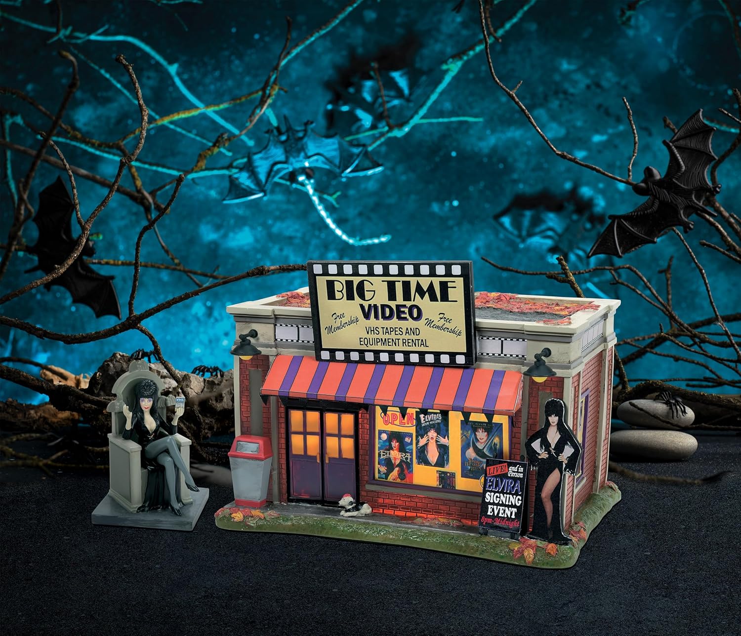 Department 56 Elvira Mistress of The Dark Village Big Time Video Store Lit Building, 6 Inch, Multicolor