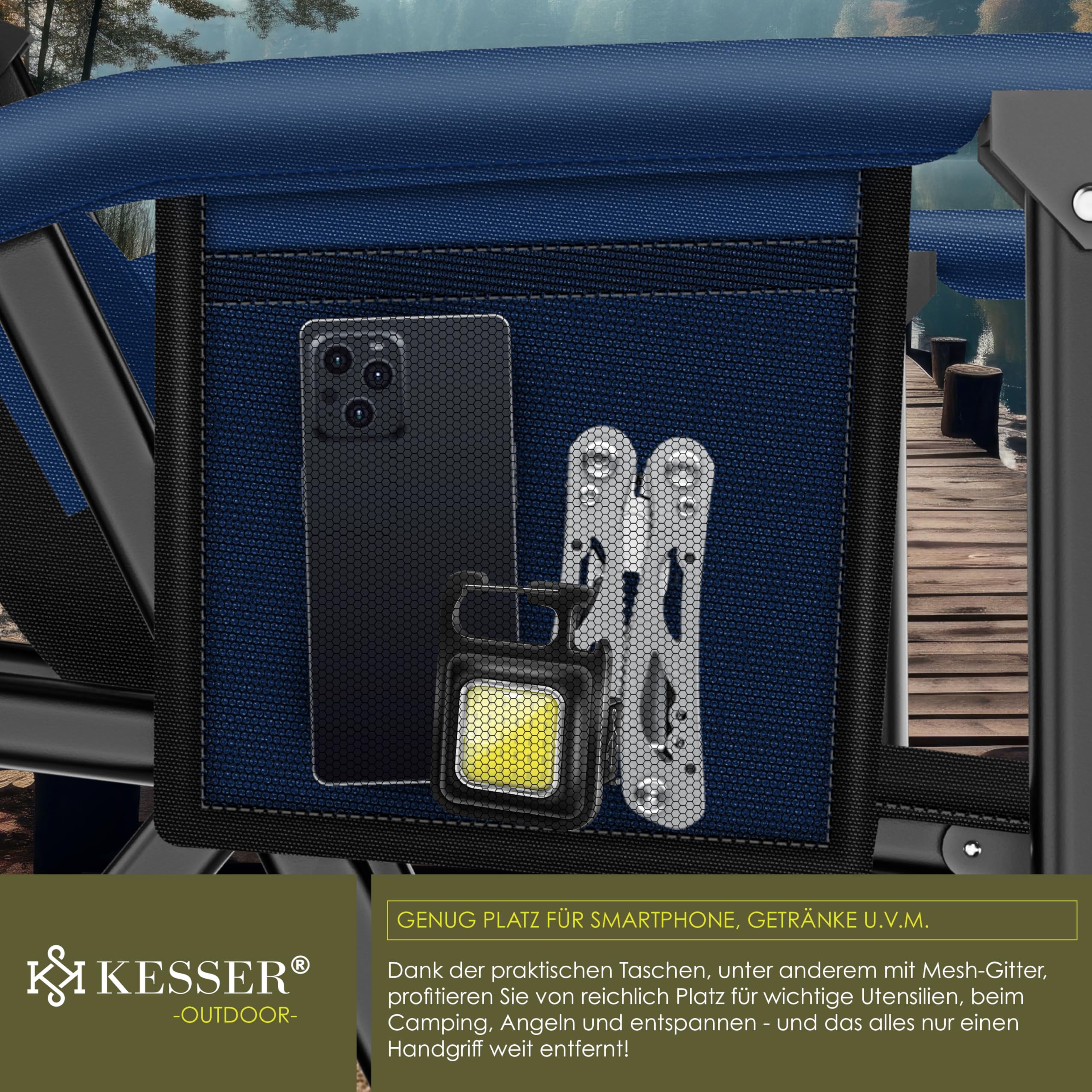 KESSER® Sedia da Campeggio Pieghevole fino a 160 kg, Imbottita con Braccioli, Luce da Campeggio, Portabicchieri, Borsa con Schienale Alto, con Porta Canne da Pesca, Navy Blue/Nero