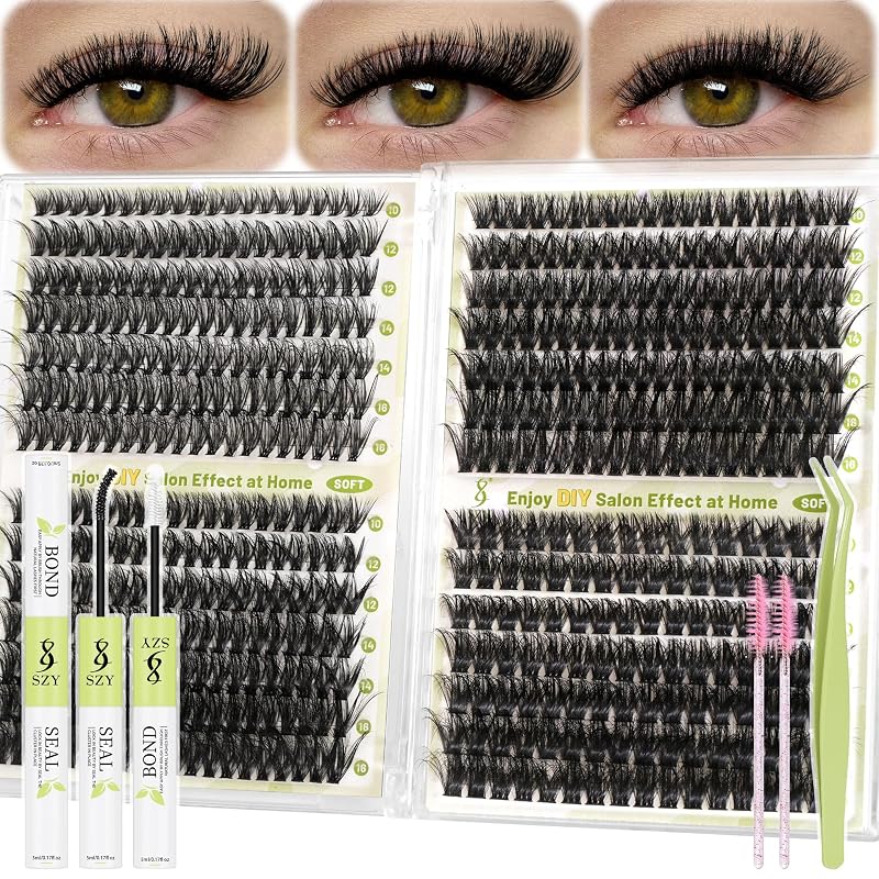 szy Kit com 504 cílios postiços em tufos, modelos 40D, 60D, 80D e 100D, comprimentos mistos de 10 a 16 mm, com adesivo, selante, pinça e escova