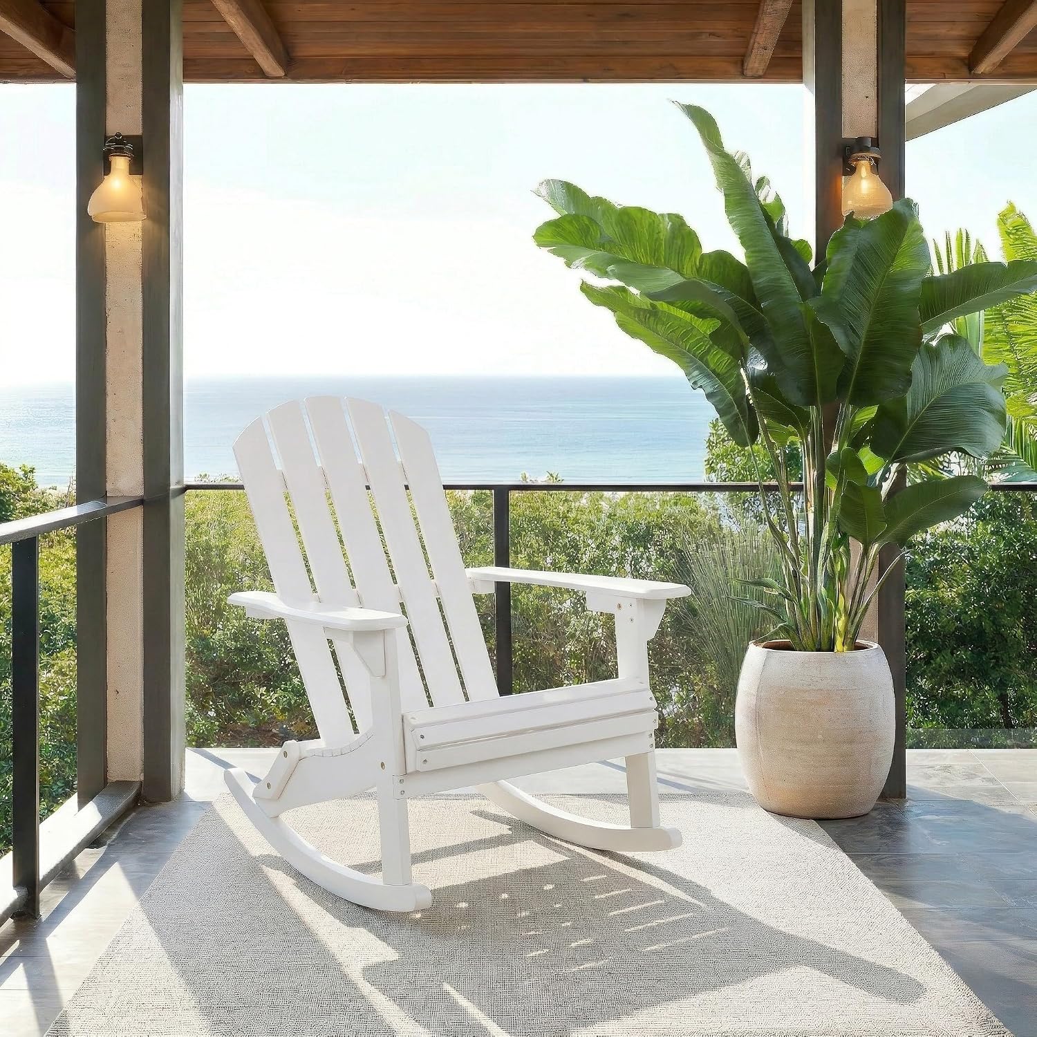 SAFAVIEH Outdoor - Stowe Adirondack Rocking Chair - White Solid Wood - Weather Resistant - Ideal for Patio, Deck, Porch, Backyard, 18.3" Seat Height (PAT6001E)