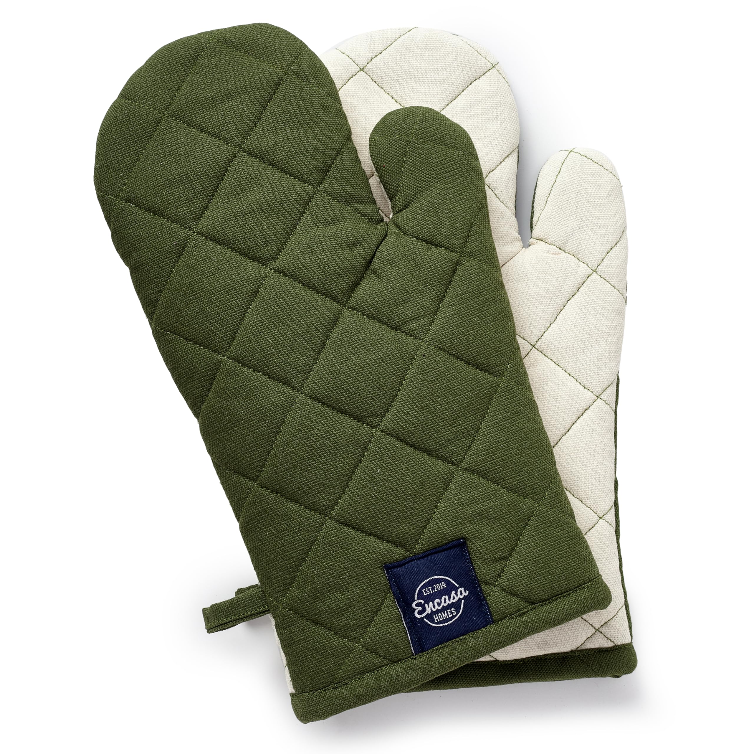 Encasa Heat Resistant Cotton Oven Gloves Mitts (2 Pc Set) - Quilted & Safe 12x7 in - for Kitchen, Cooking & Baking, Grilling, Handling Hot Pots & Pans - Leaf Green