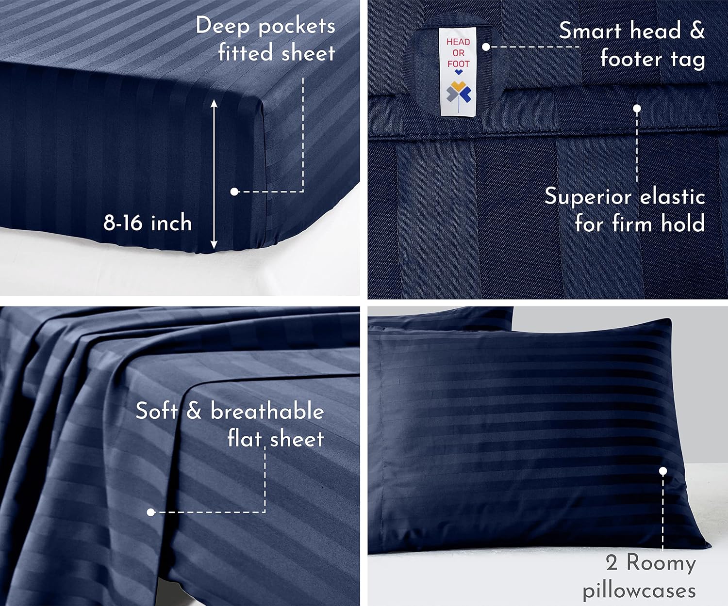 California Design Den - Full Size Sheets Set, Soft 100% Cotton Cooling Sheets Deep Pockets Snug Fit Elastic, 500 Thread Count, 4-Pc Set, Damask Stripe Bedding Sheets (Stripe - Navy Blue)