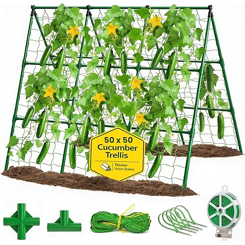 50x50 Cucumber Trellis for Raised Bed - A Frame Garden Trellis for Climbing Plants Outdoor - Cucumbers, Pea, Zucchini, Squash,Tomato, Green Bean, Vine, Watermelon, Melon, Pumpkin
