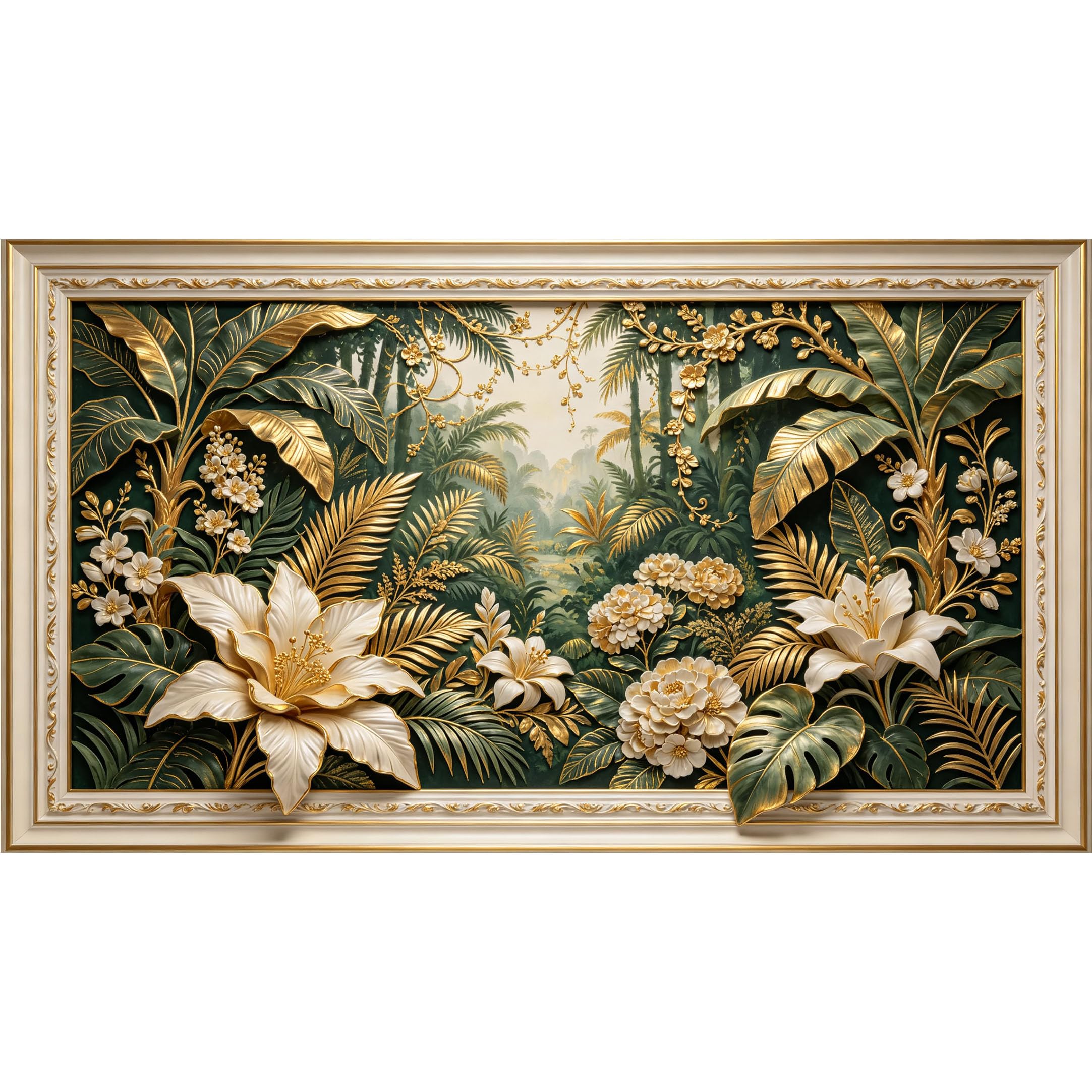 QZLITHOTIC 50×90cm3D Framed Wall Art， Golden Tropical Botanical Forest SelfAdhesive Mural， WaterActivated Peel & Stick Fabric Decor Wall Decal for Bedroom Living Room