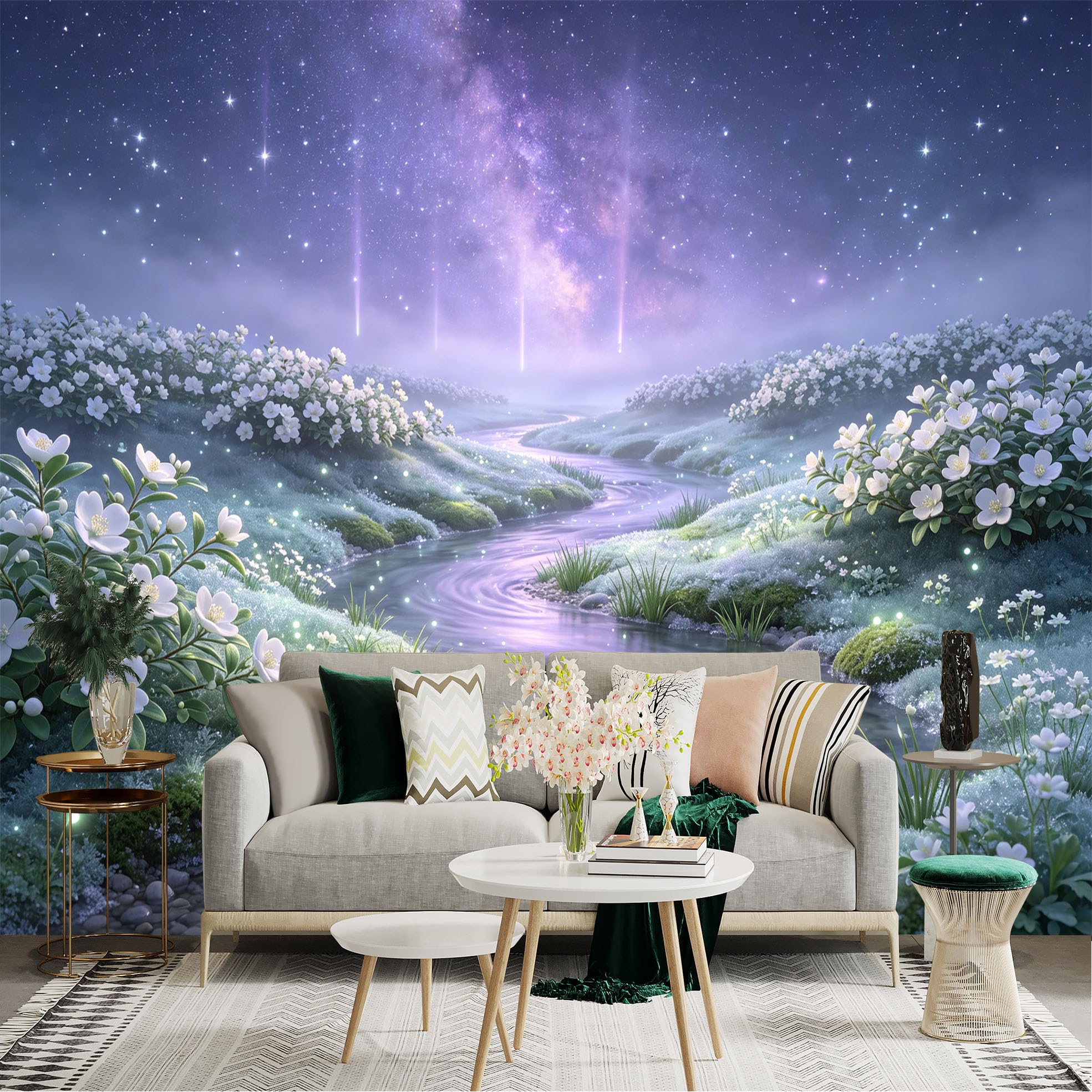 Lnzczhyre Bh260719300 Custom Size Wall Sticker Mural， Dreamy Galaxy Stream， Glowing White Flowers， Fantasy Nature Landscape， For Wall Decoration， Peelandstick Wall Decals.