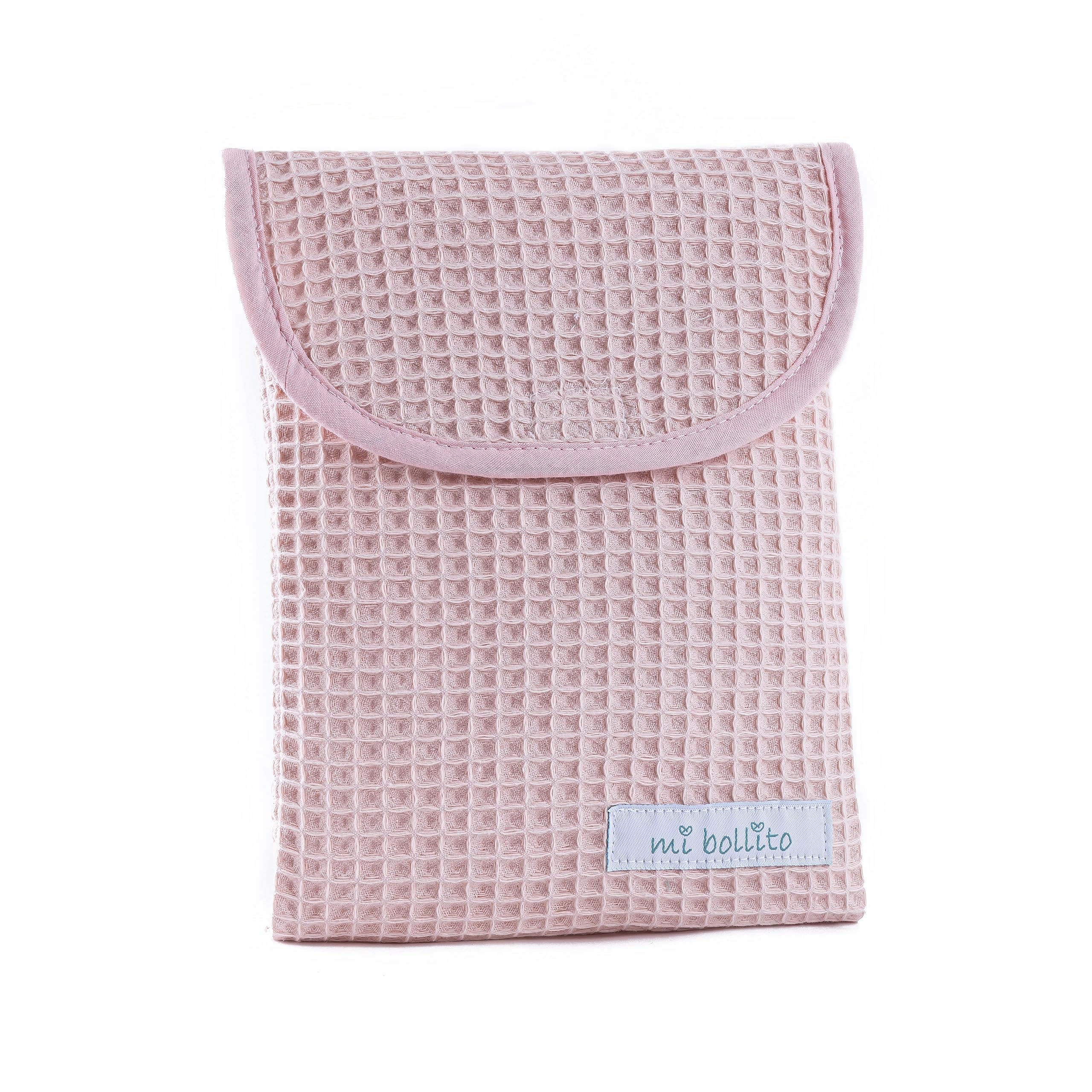 Bolsa organizadora de pañales y toallitas de bebé, tejido gofrado 100% algodón, cierre rápido tipo velcro, práctica y elegante.