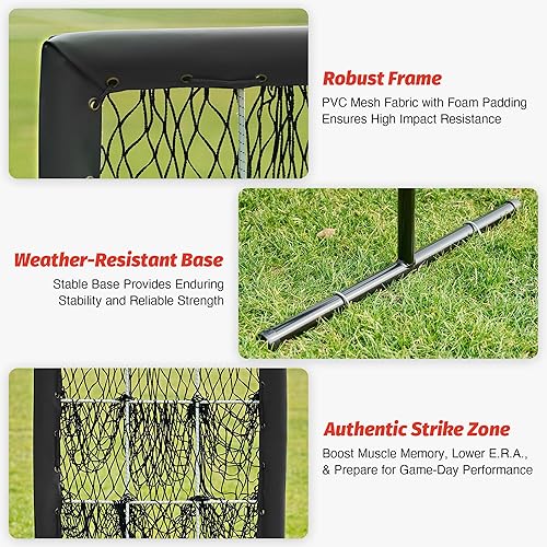 Miniatura 6 de ZELUS Red de lanzamiento de 9 agujeros Plus, red de béisbol con zona de ataque auténtica para uso en exteriores e interiores, red de entrenamiento