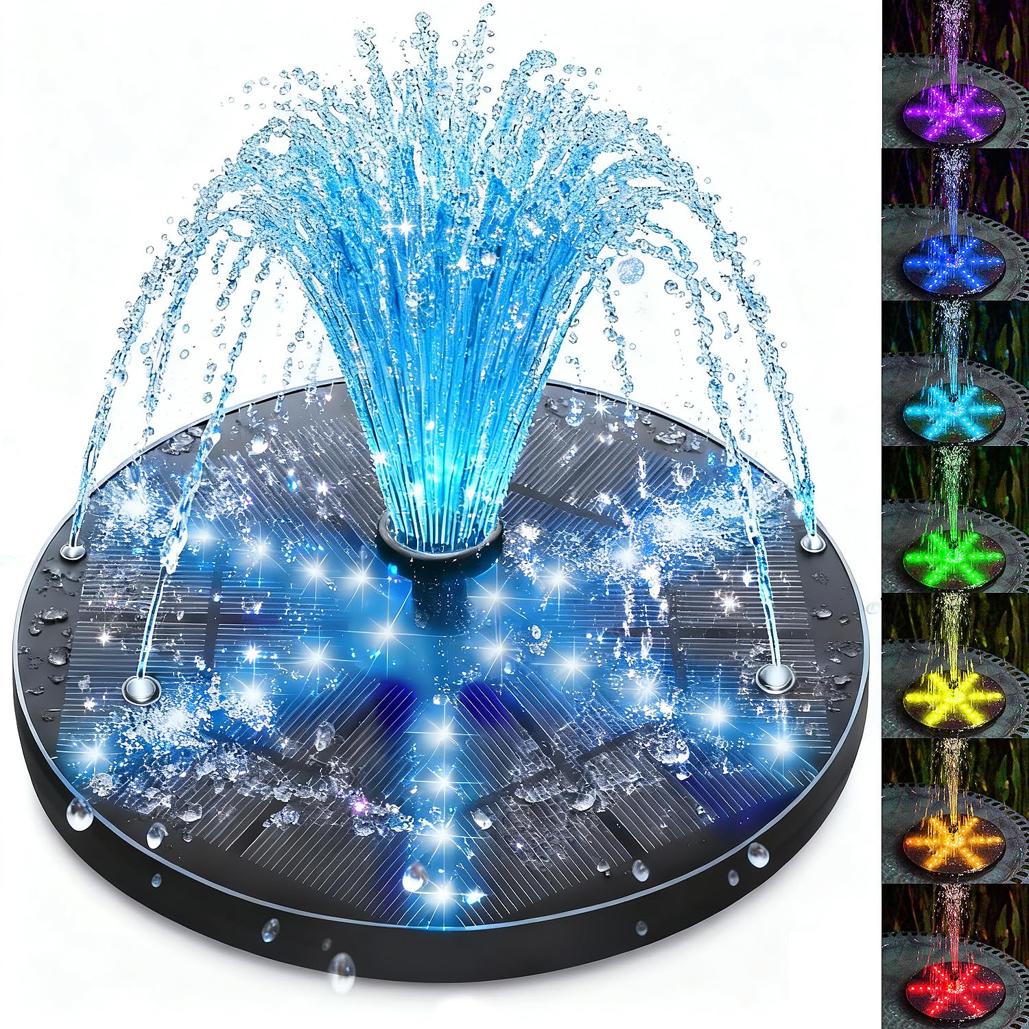 SZMP Solar Fountain Upgraded, 4W Bird Bath Fountain Pump with 7 Colors Lights, 7 Nozzle & 4 Fixer, 4000mah Battery, Solar Water Fountain for Garden, Pool, Pond