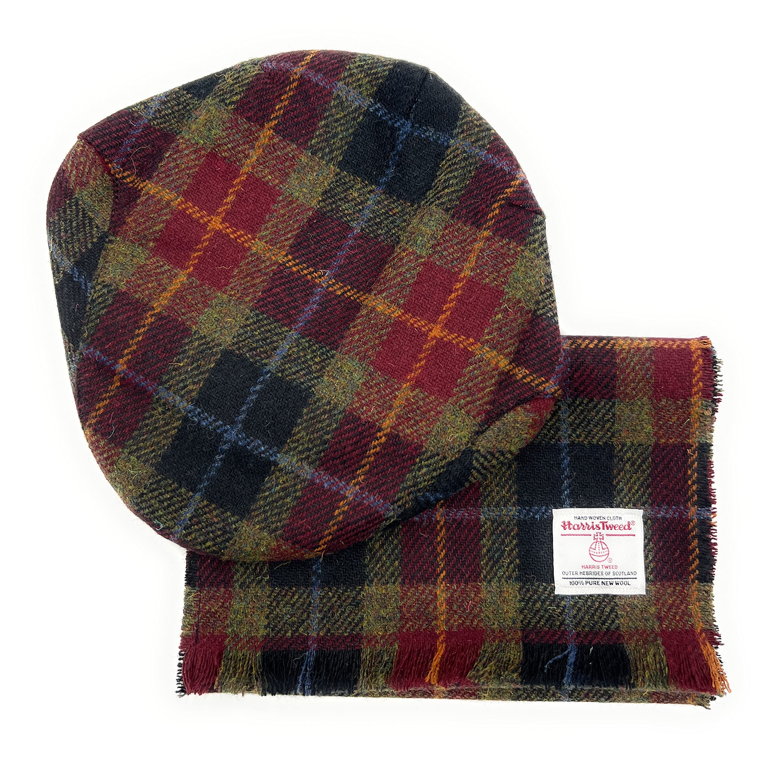 Tartan Tweeds Unisex Rust Check Harris Tweed Hat & Fringed Scarf Set Hand Made In Scotland (Rust Check)