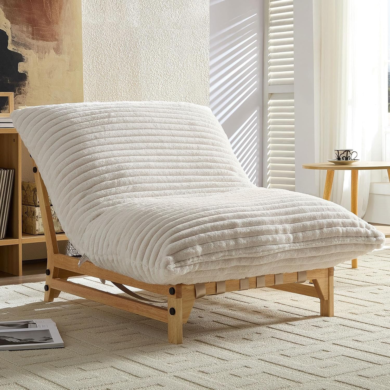 Modern Stackable Chaise Lounge Chair for Living Room, Mid Century Style Armless Chair,Ribbed Plush Corduroy Fabric, Wooden Frame Accent Single Sofa,Cream White