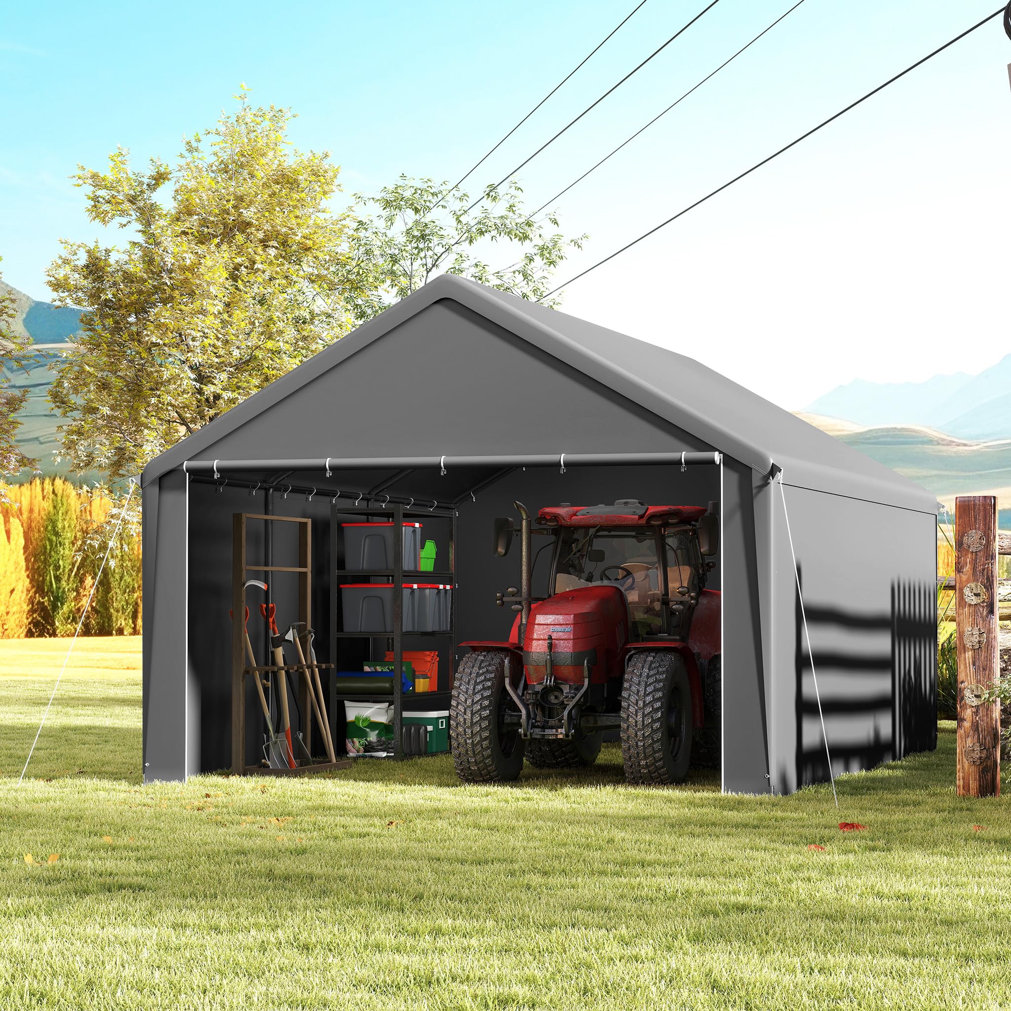 UISEBRT Tenda da magazzino, 4 x 6 m, impermeabile, con robusto telone in PE e telaio in acciaio, ideale come garage per attrezzi, attrezzi da giardino, pallet (grigio)