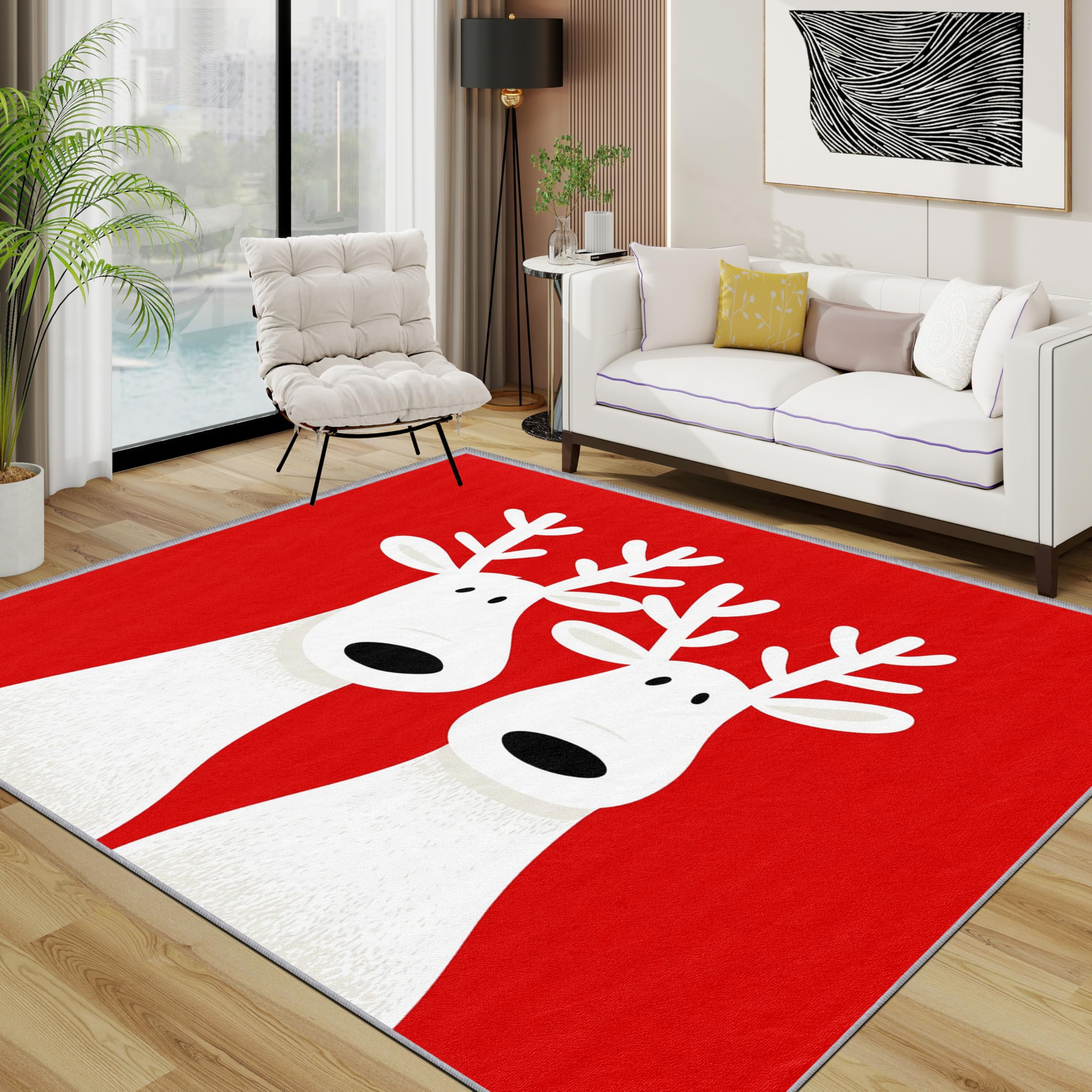 TerroVee Reindeer Rug - Christmas Animal Small Rugs for Bedroom 50x80, Red and White Xmas Animals Floor Mat Soft Washable Non Slip Indoor Mats, Christmas Home Decor