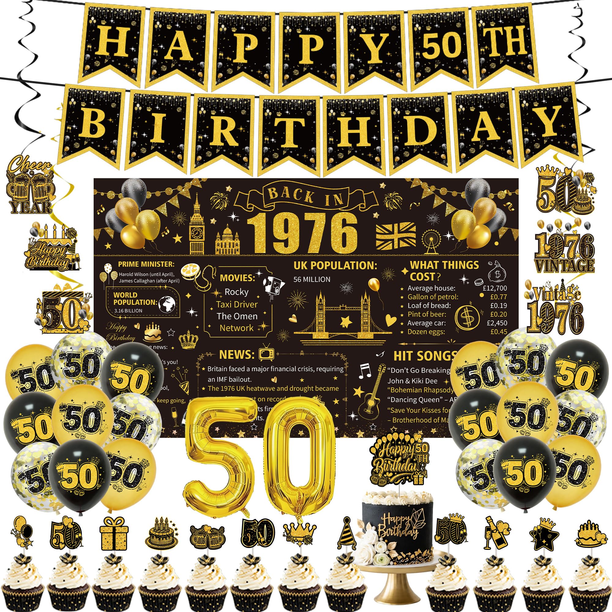 PURCAFT 43pcs Black Gold 50th Birthday Decorations Include Happy Birthday Banners Back in 1976 Backdrop Sach Hanging Swirls Balloons Cake Cupcake Toppers for 50th Birthday Party Supplies Men Women