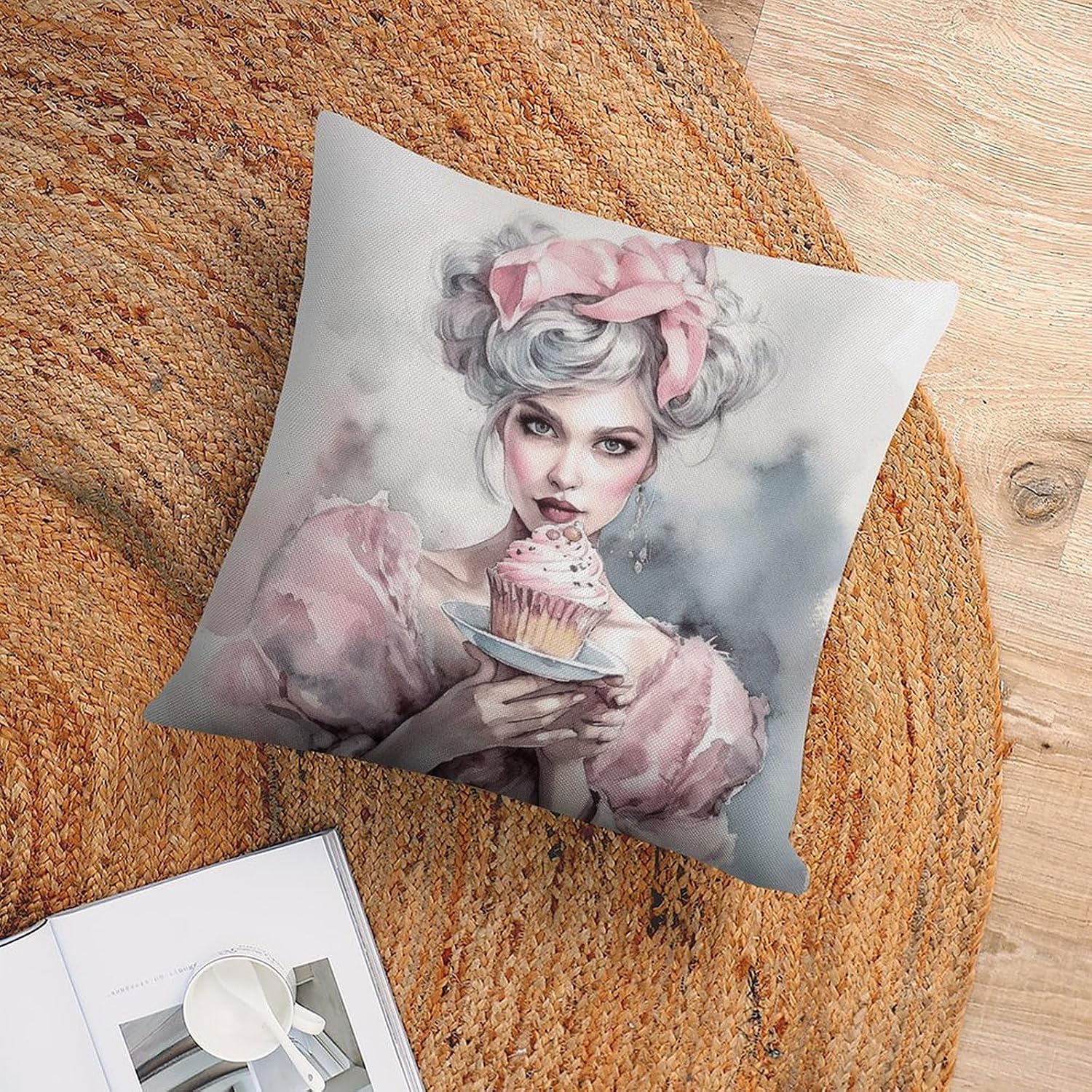 Cotton Linen Throw Pillow Covers 16x16 Set of 4,Single-Sided Girl Holding Cakeprinted Decorative Square Pillow Cases for Sofa, Couch, Bed, and Living Room