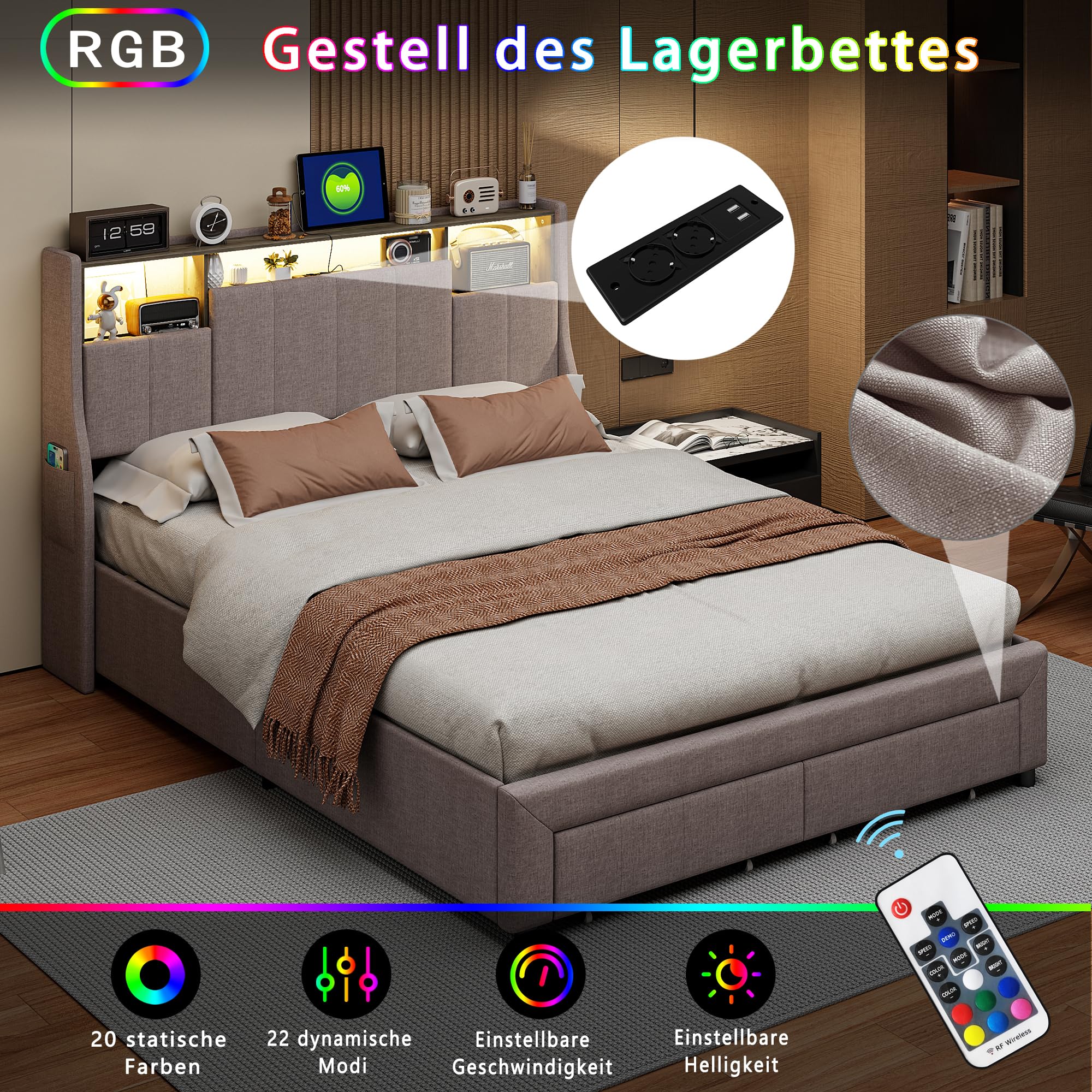 Oxtao Gestoffeerd bed, 140 x 200 cm, tweepersoonsbed met ledverlichting en 4 laden, hoofdeinde met USB type C oplaadfunctie, functionele bedden met lattenbodem, zonder matras (140 x 200 cm