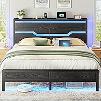 Vista 1 de Estructura de cama tamaño matrimonial con luces LED y estación de carga, estructura de cama completa con cabecero de almacenamiento, 13