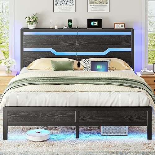Estructura de cama tamaño matrimonial con luces LED y estación de carga, estructura de cama completa con cabecero de almacenamiento, 13" de