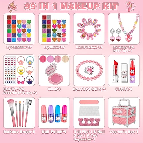Miniatura 9 de Juego de 99 piezas de maquillaje para niñas, juguetes de princesa, juego de cosméticos lavables con espejo, lazos para el cabello, uñas, anillos,