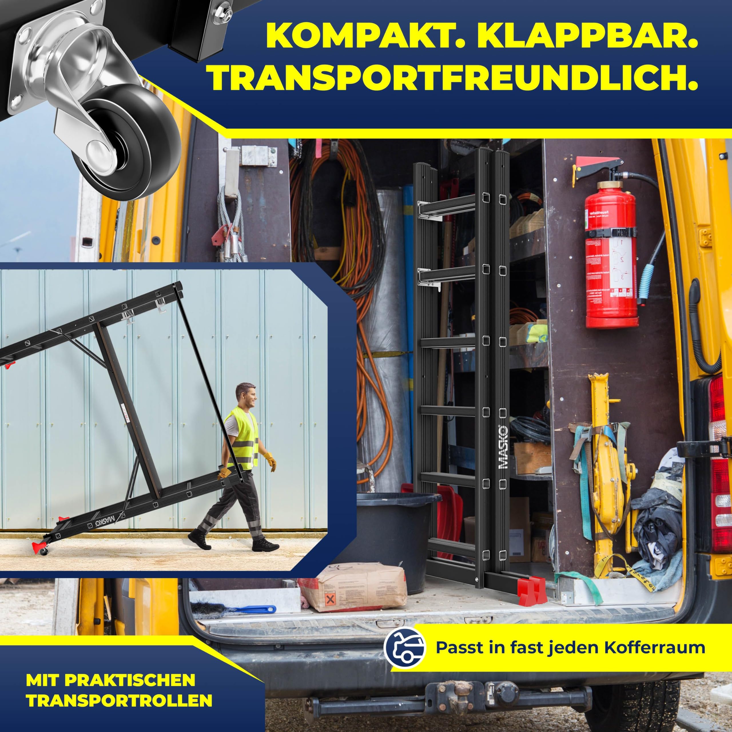 MASKO® Andamio, Andamio ✓ Aluminio ✓ Escalera ✓ Plataforma de Trabajo, Capacidad de Carga hasta 150 KG, Revestimiento Antideslizante, Escalera de andamio, Comprobado GS (EN 131), Negro