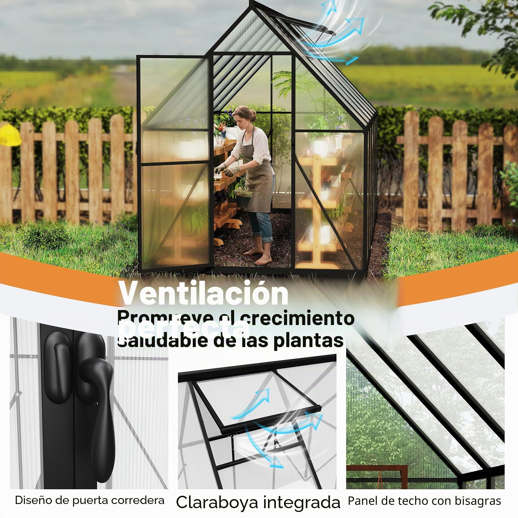 FIVMEN Invernadero de aluminio para jardín con base de 6 cm y placa de policarbonato de 4 mm, resistente a los rayos UV, resistente a la intemperie, para el jardín, 340 x 180 x 195 cm