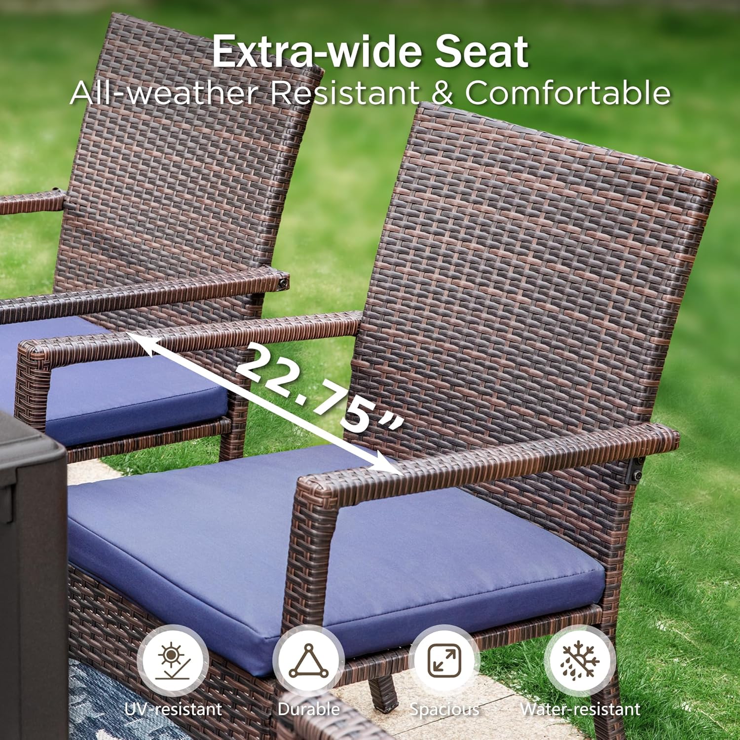 PHI VILLA 5 Piece Patio Dining Table Set for 4, 37" Square Outdoor Metal Table with Umbrella Hole & 4 Rattan Wicker Chair with Cushion for Deck, Yard, Porch