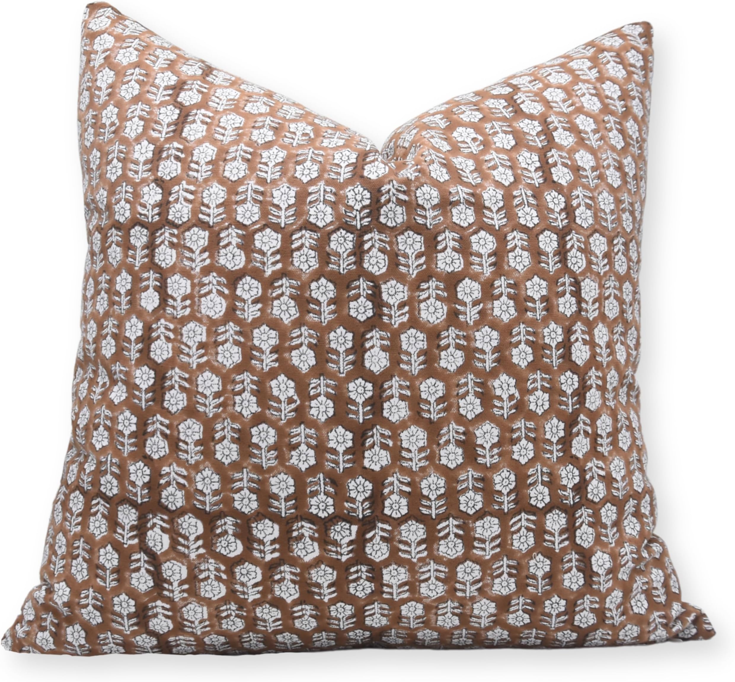 Fabritual Block Print Thick Cotton White 20x20 Throw Pillow Covers, Handmade Vintage Pillow Covers for Sofa and Couch, Floral Print Outdoor Cushion Cover with Boho Home Decor (Tulsi buti, Rust)