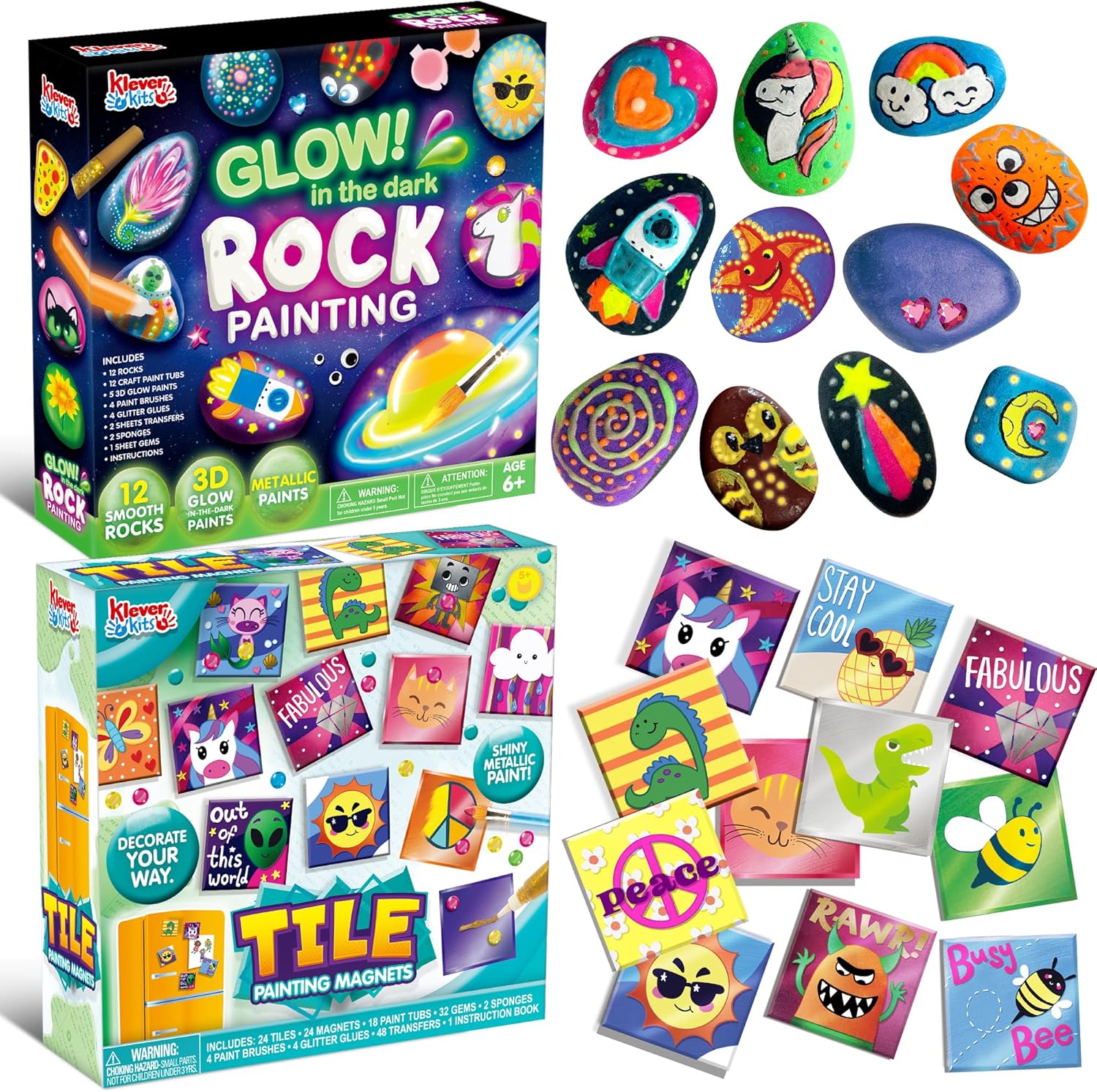 JOYIN 12 Rock Painting Kit & 24 Magnetic Mini Tiles Art Kit, Arts and Crafts for Kids, Art Supplies with Various Paints, Craft Paint Kits, Kids Toy Gifts for Boys and Girls