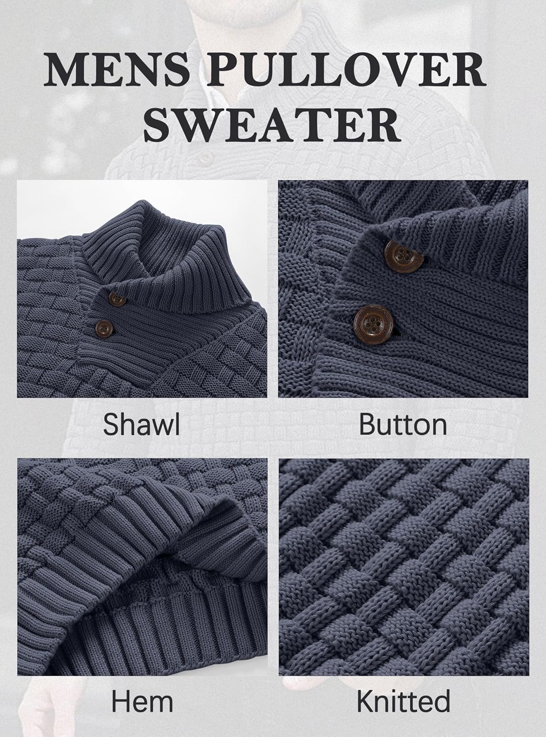 Mens Casual Pullover Fall Winter Turtleneck Cable Knit v Neck Fisherman Waffle Sweater - Image 5
