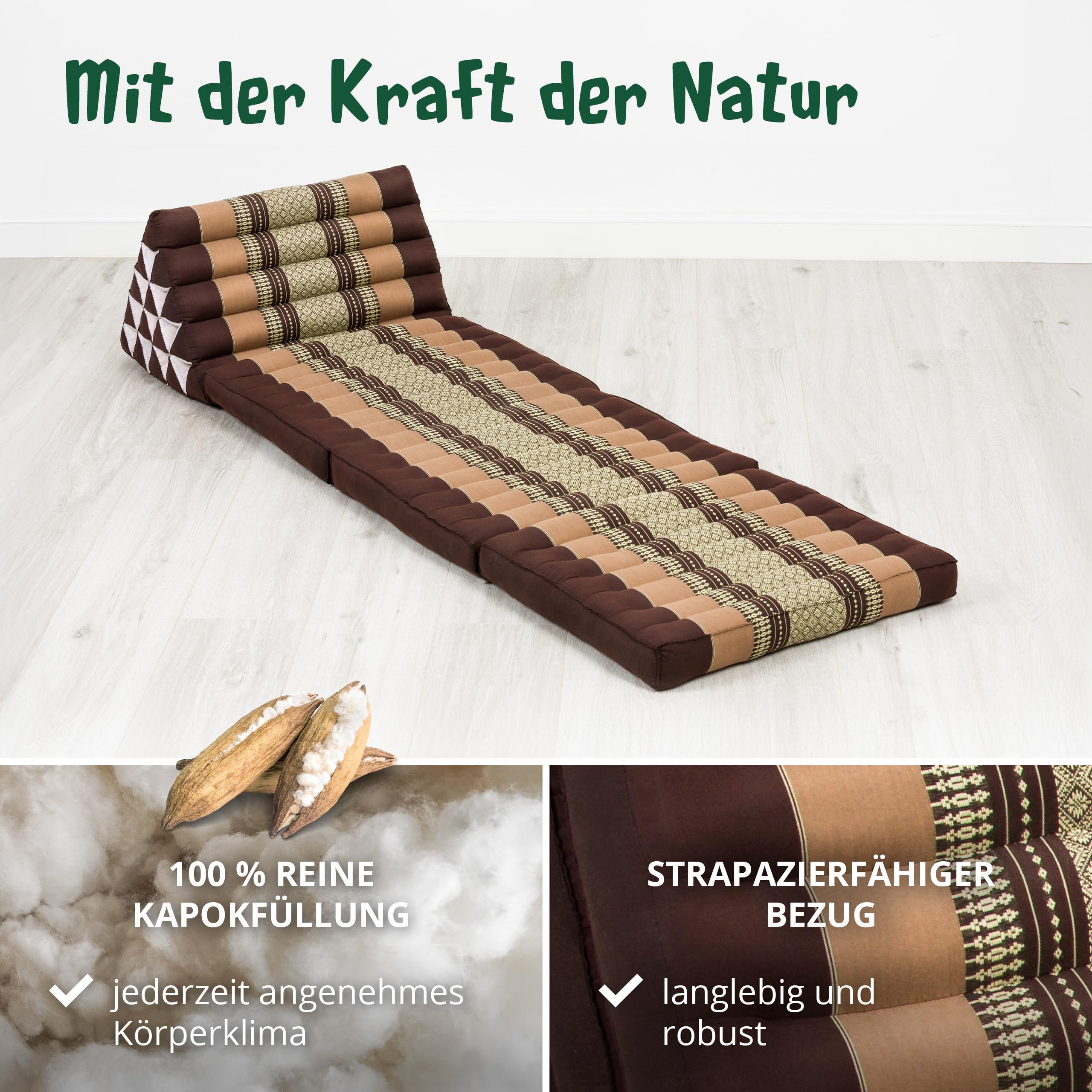 livasia Thaikissen 3 Auflagen extrahoch - 185x55x8cm - Dreieckskissen mit Klappmatratze, Kapok, Jumbo Rückenkissen faltbar, Thaimatte Klappen, handgefertigt, Meditationskissen (Braun)