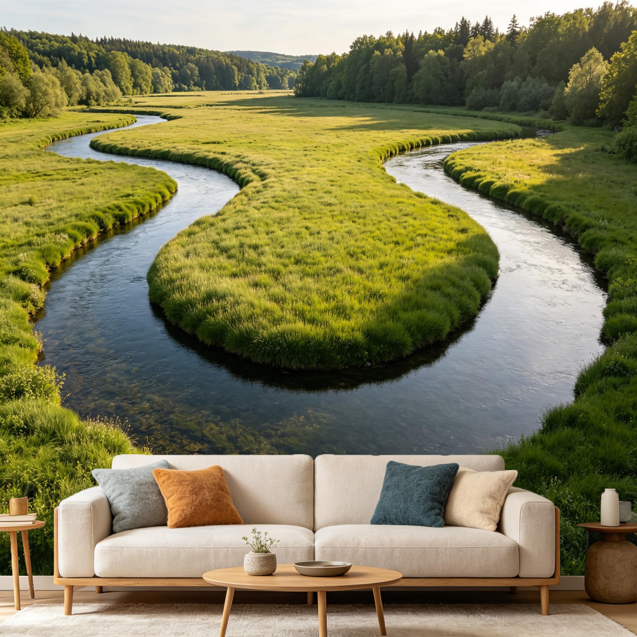 Custom Size Wall Mural Landscape Mountain Lake River Meander Scenic Nature View SelfAdhesive Art Prints wall Fabric（No PVC） Removable Wallpaper Home Bedroom Decor