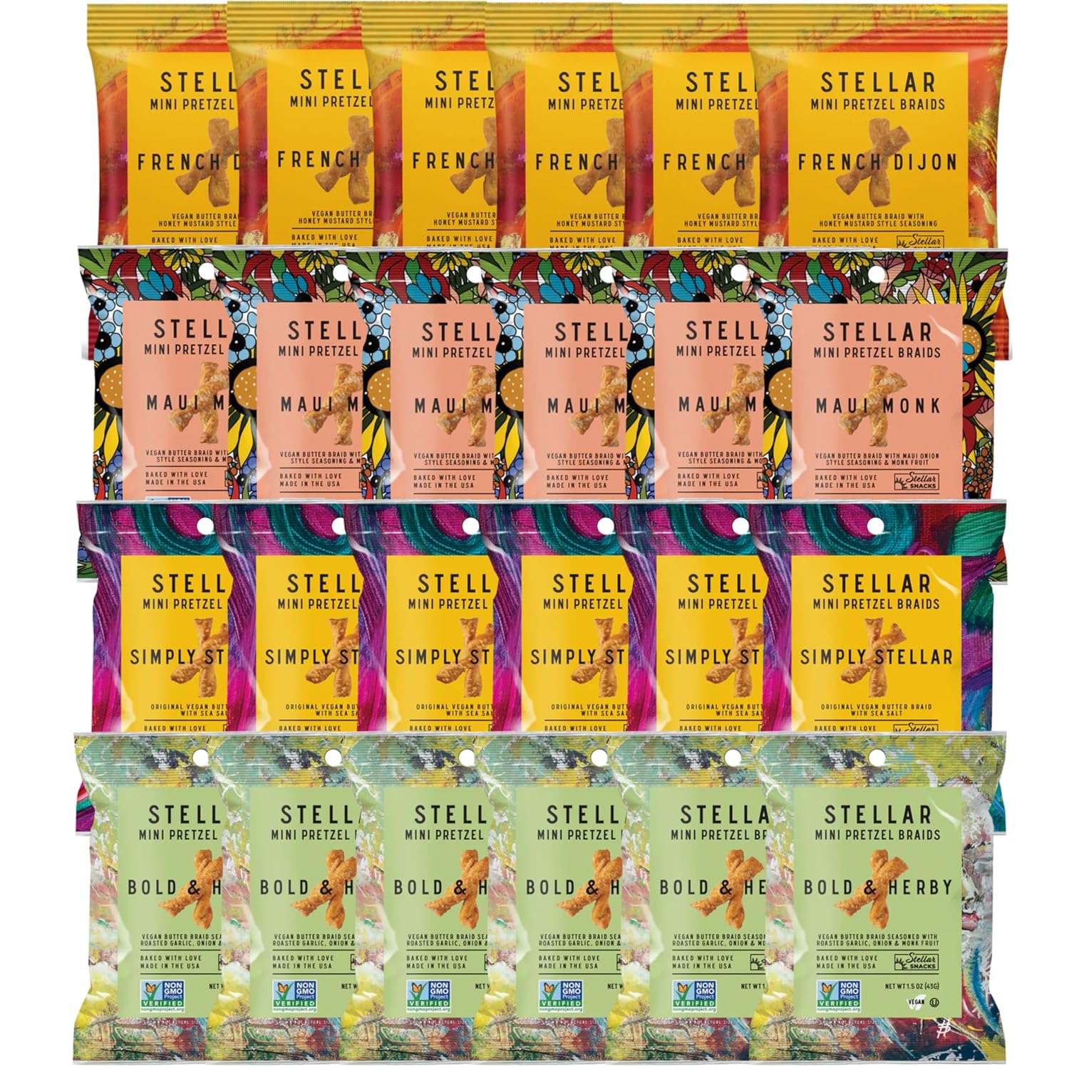 Stellar Snacks Mini Pretzel Braids, 4 Flavor Variety Pack, 1.5 Oz 24 Packs (6 Count x 4 Flavors), Gourmet Pretzel Sticks, Vegan, Kosher, Non GMO, Peanut Free, Healthy Snack