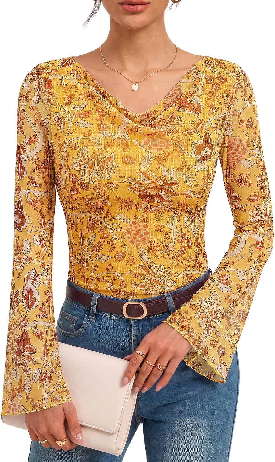 GRACE KARIN Women's Boho Mesh Cowl Neck Blouse with Bell Sleeves - Floral Print Ruched Top for Work or Casual Outfits