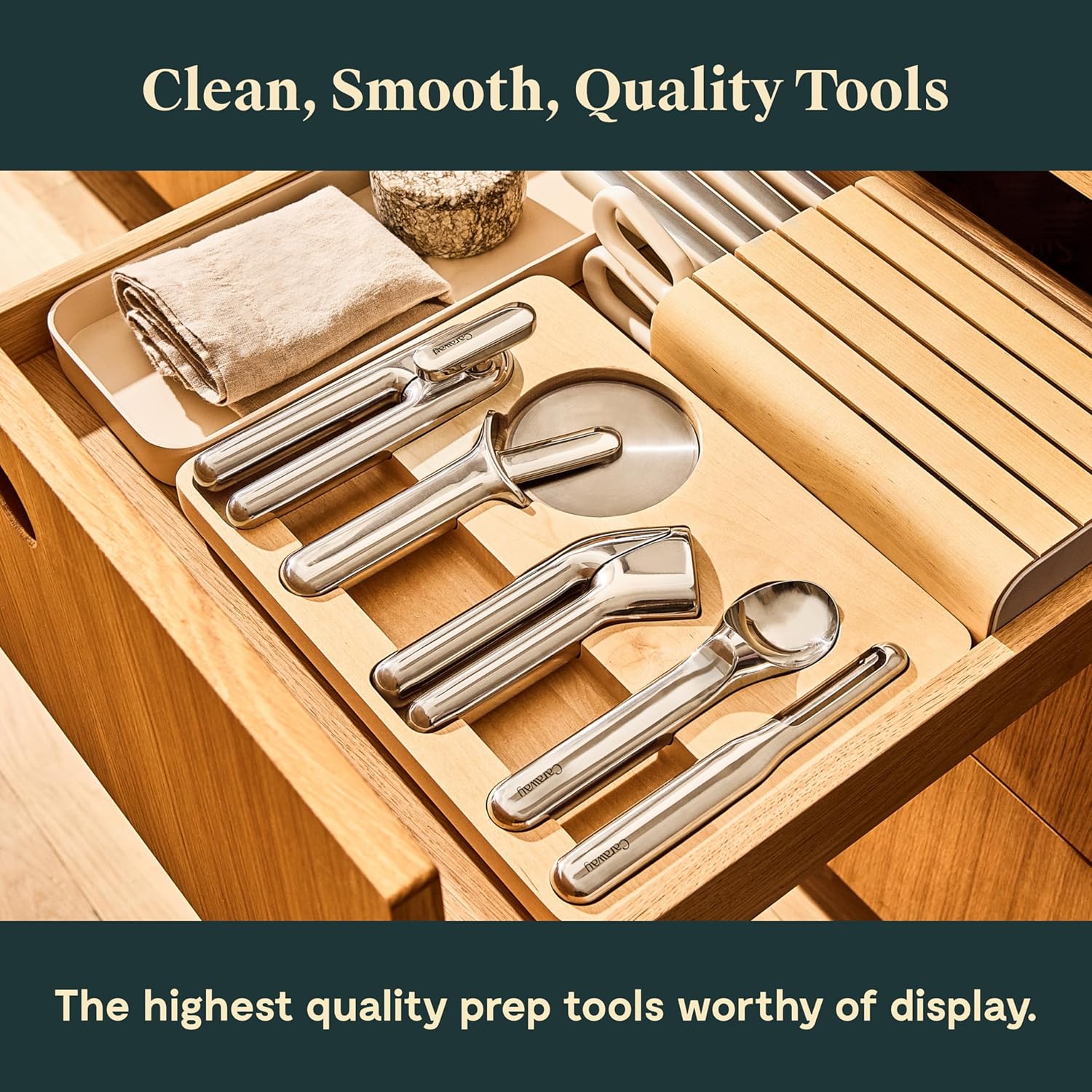 Caraway Kitchen Gadget Set – 5 Piece Kitchen Essentials – Stainless Steel – Includes Can Opener, Pizza Cutter, Garlic Press, Ice Cream Scoop, Vegetable Peeler, and Storage Organizer