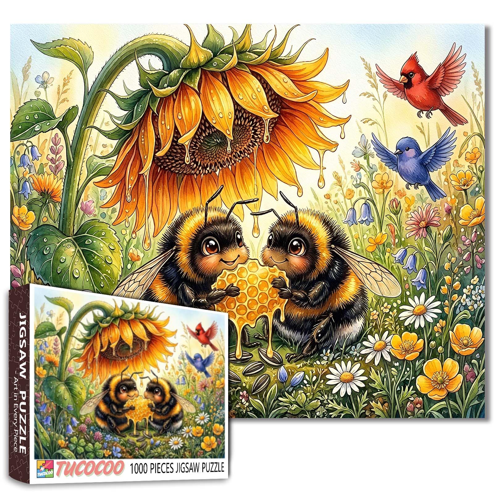 Cute Bee Puzzle 1000 Piece for Adults Bumble Bees with Sunflower and Honey Jigsaw Puzzle Floral Garden Birds Nature Puzzles 19.7 x 27.6 Inches Fun Challenge Family Activity Game Gift Home Wall Decor โ image 1