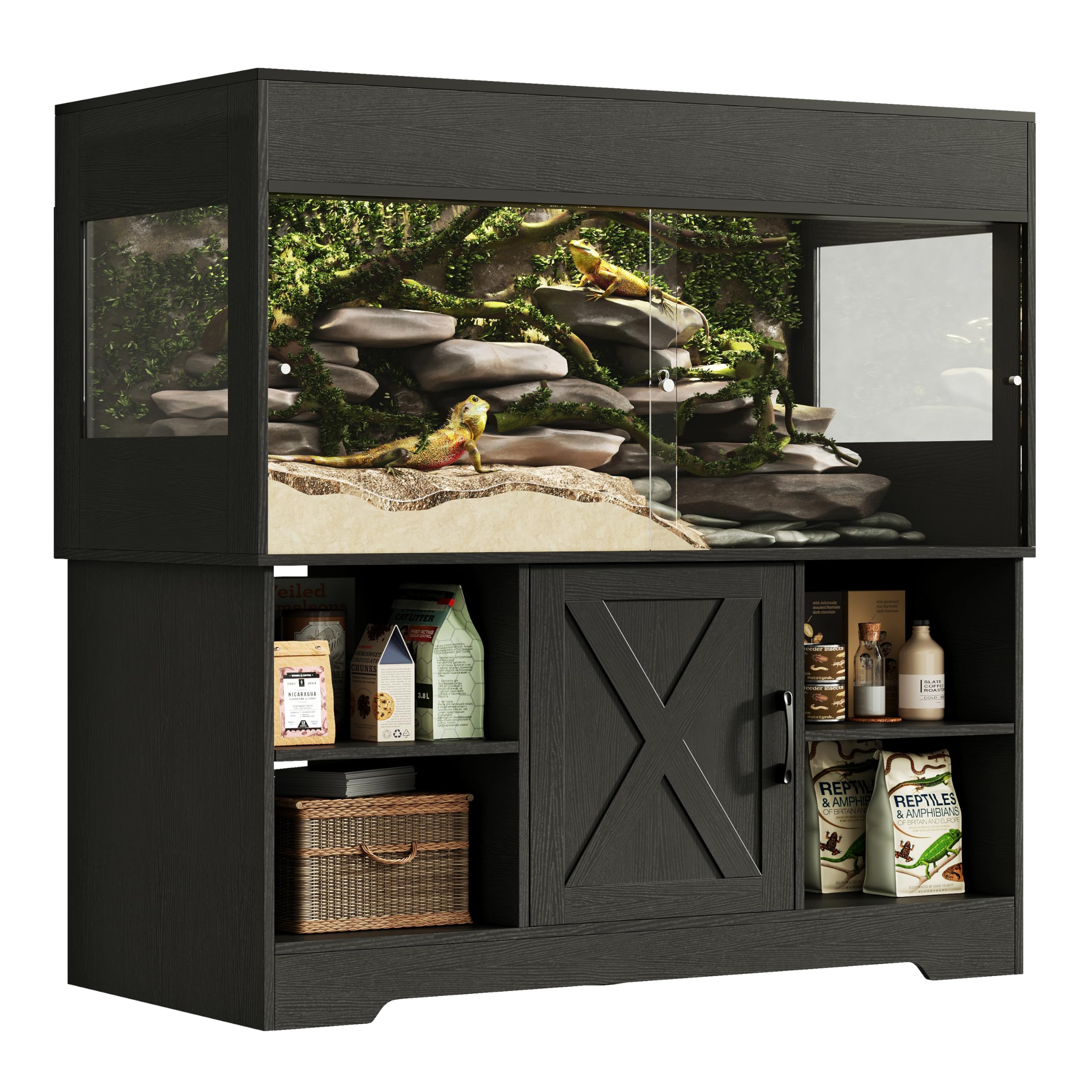 Herture Großes Terrarium mit Unterschrank Terrarienschrank mit Klappdeckel, Schiebetüren, integrierter Steckdose & Stauraum für Reptilien