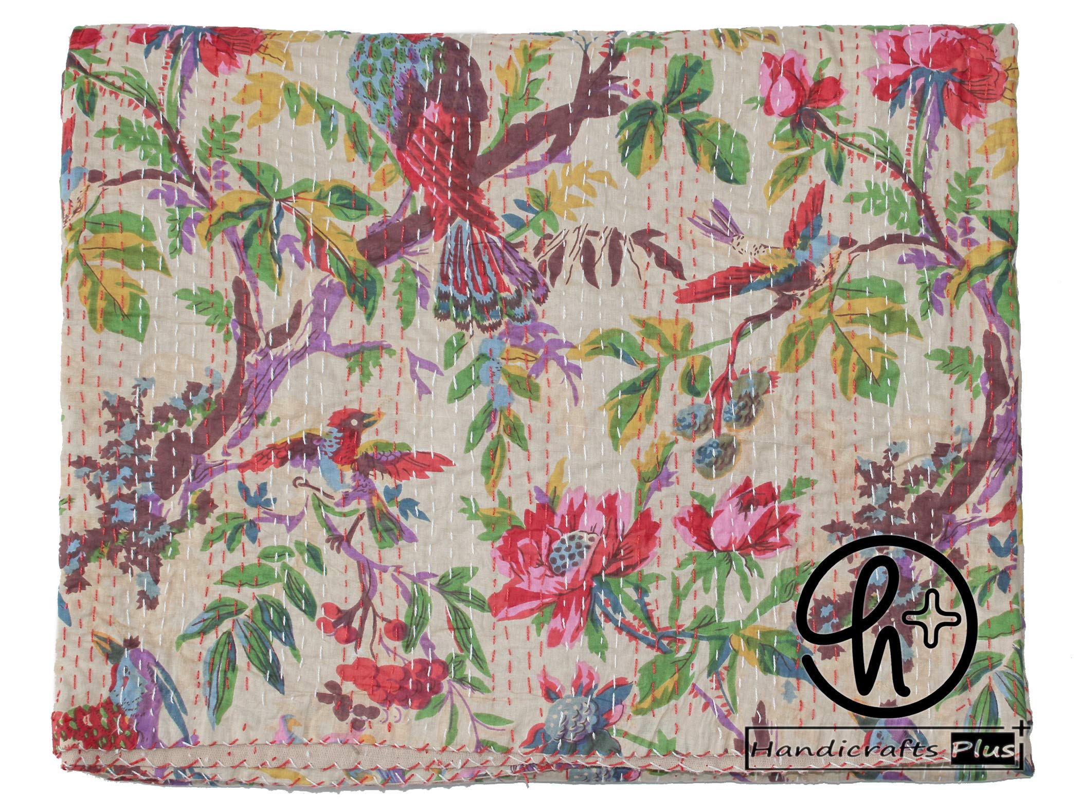 Handicrafts Plus Kantha Quilt Cotton Bedcover Bird Print Ralli Hippie Gudari Beige Throw Decorative Blanket Bedding Bedspread Indian Homemade Coverlet (Twin/Single (60x90 Inch))