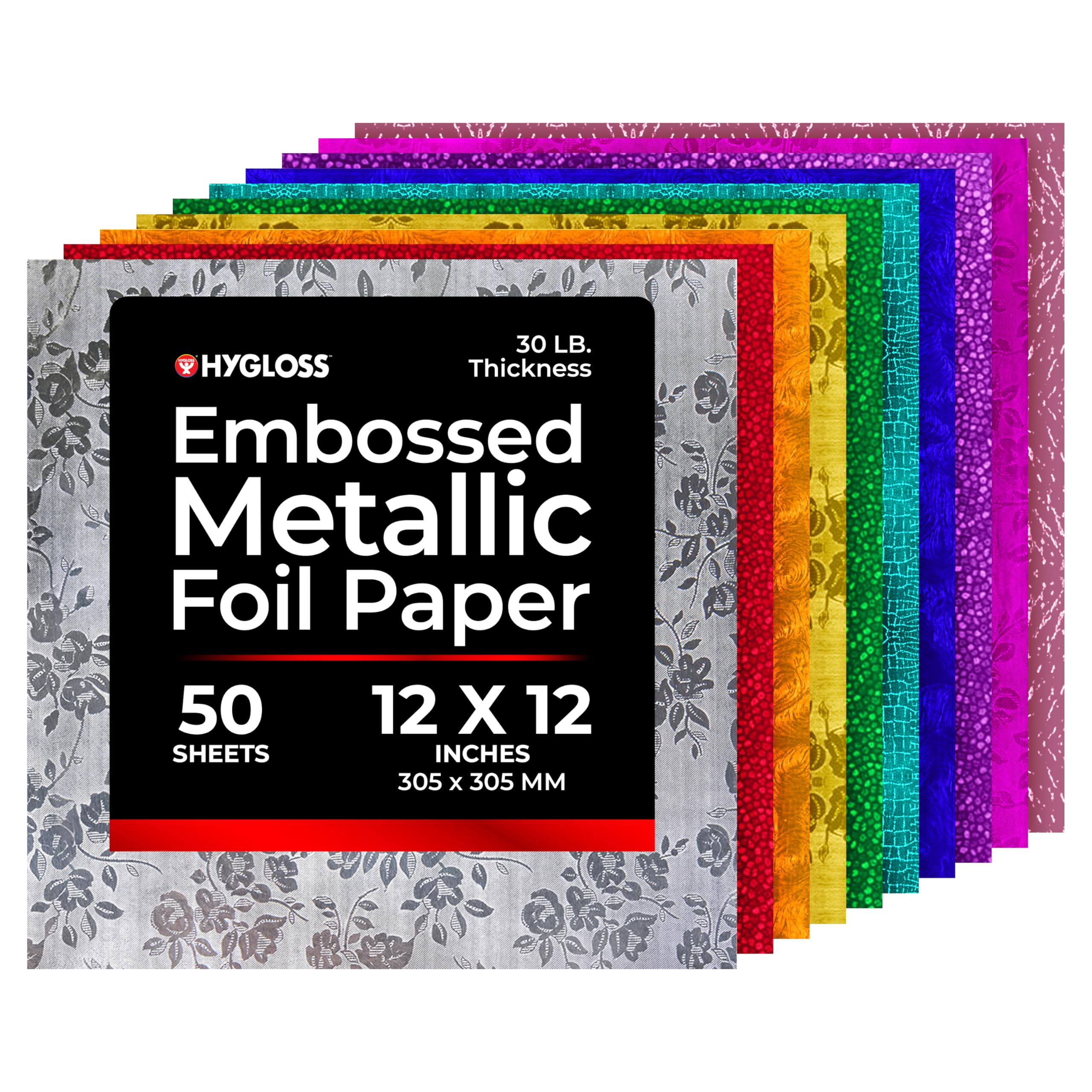 Hygloss Embossed Metallic Foil Paper - 50 Sheets Assorted Colors Shiny Papers - 12x12 Inches - Ideal Foil Papers for Crafts - Shiny Craft Paper Sheets