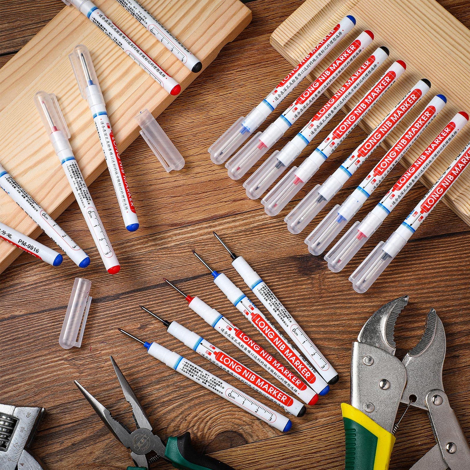 12pcs Long Nose Deep Hole Markers - 22mm Extra-Length Nib, Waterproof Quick-Dry Pens For Metal, Wood, Construction (6 Colors)