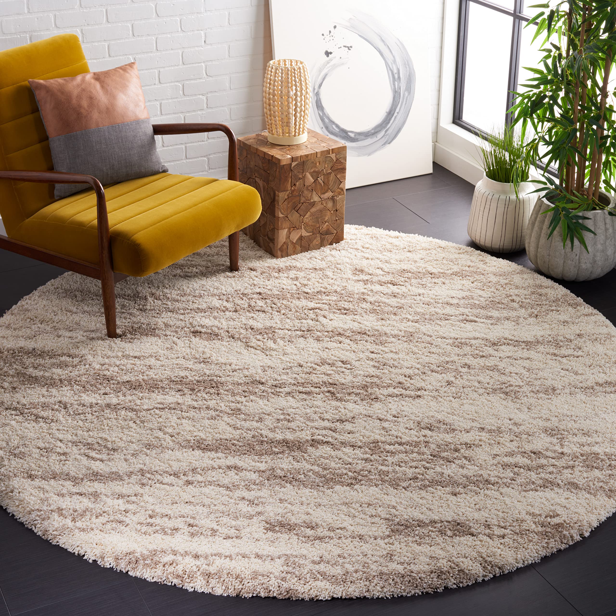 SAFAVIEH Hudson Shag Collection Area Rug - 5' Round, Ivory & Beige, Modern Design, Non-Shedding & Easy Care, 2-inch Thick Ideal for High Traffic Areas in Living Room, Bedroom (SGH206B)