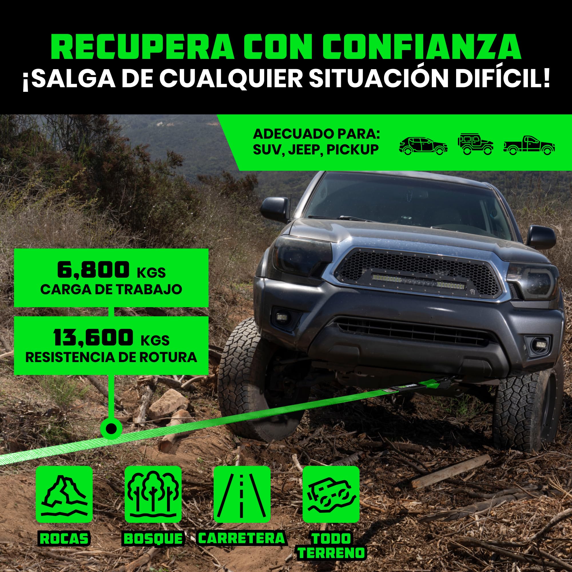 Rhino USA Correa de Remolque (7,6cmX9,1m) - Resistencia a la Rotura de 13.600 kg - Cuerda de Recuperación de Emergencia para Camión, UTV, ATV - Recuperación Heavy Duty para Uso Todoterreno 4X4 - Verde