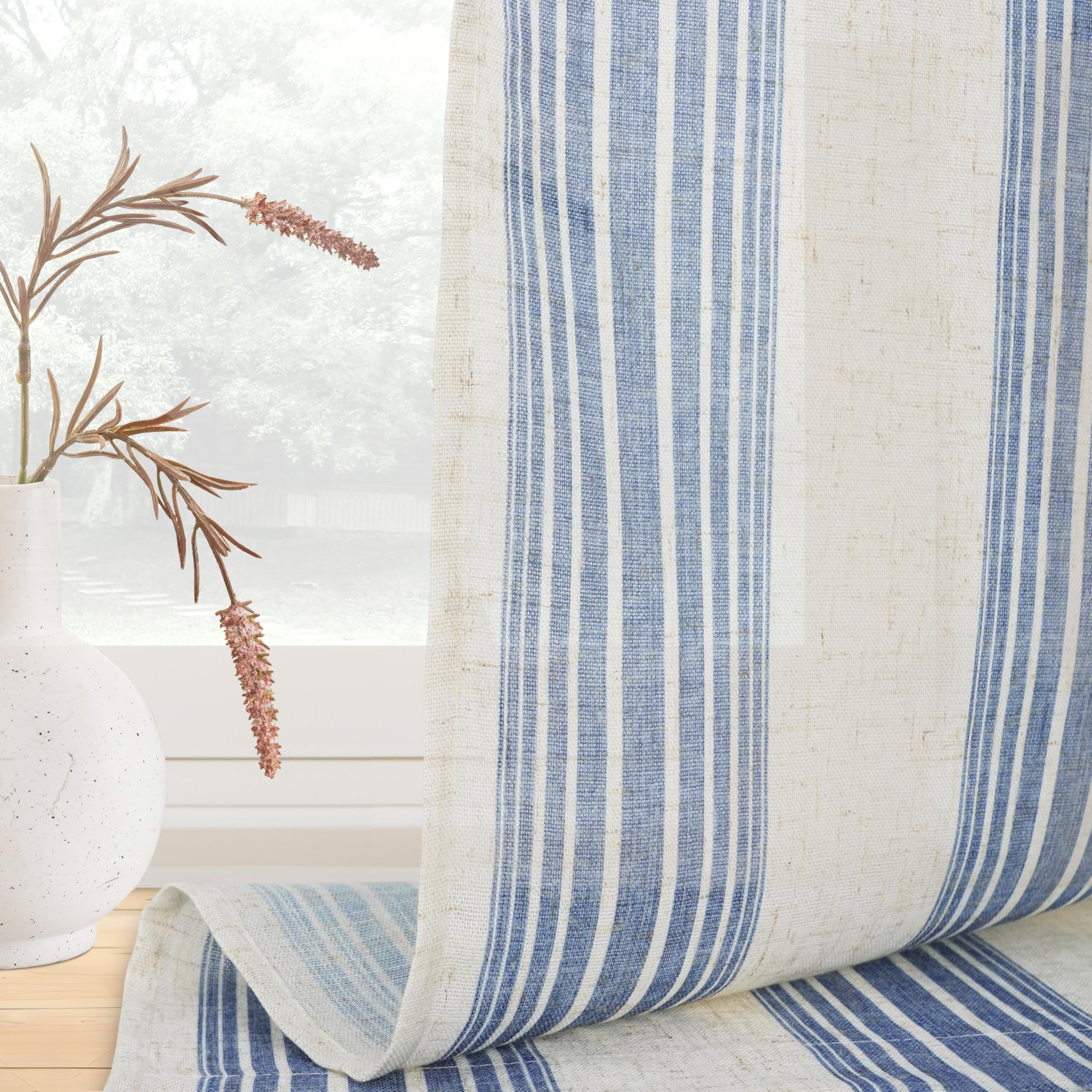 DriftAway Linen Blend Tier Curtains - 36 Inch Navy Striped Rod Pocket Panels, Farmhouse Kitchen & Bathroom Window Curtains