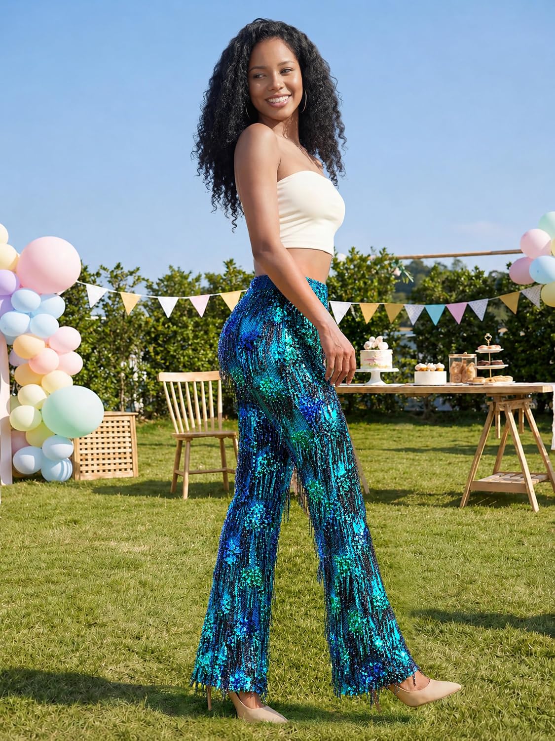 Women's Sequin Flare Pants Fringe Sparkly High Waisted Bell Bottom Disco Rave Party Clubwear Trousers