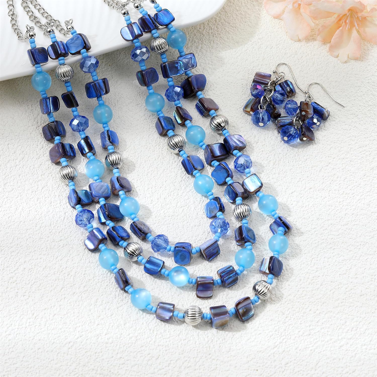 Multi Layered Shell Beaded Necklace for Women Boho Colorful Crystal Beads Strand Statement Fashion Jewelry Set Gift
