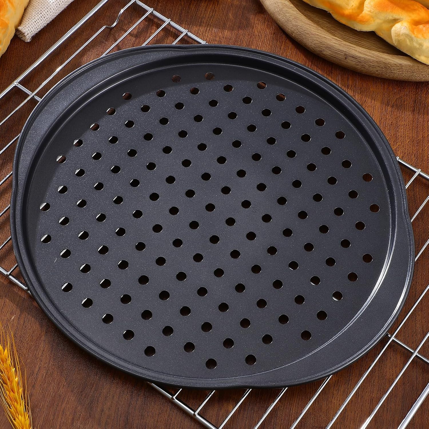 4 Pcs Perforated Carbon Steel Pizza Pans with Small Grips Non-stick Oven Bakeware Trays for Even Heating High Temperature Resistant Pizza Baking Supplies for Home Kitchen